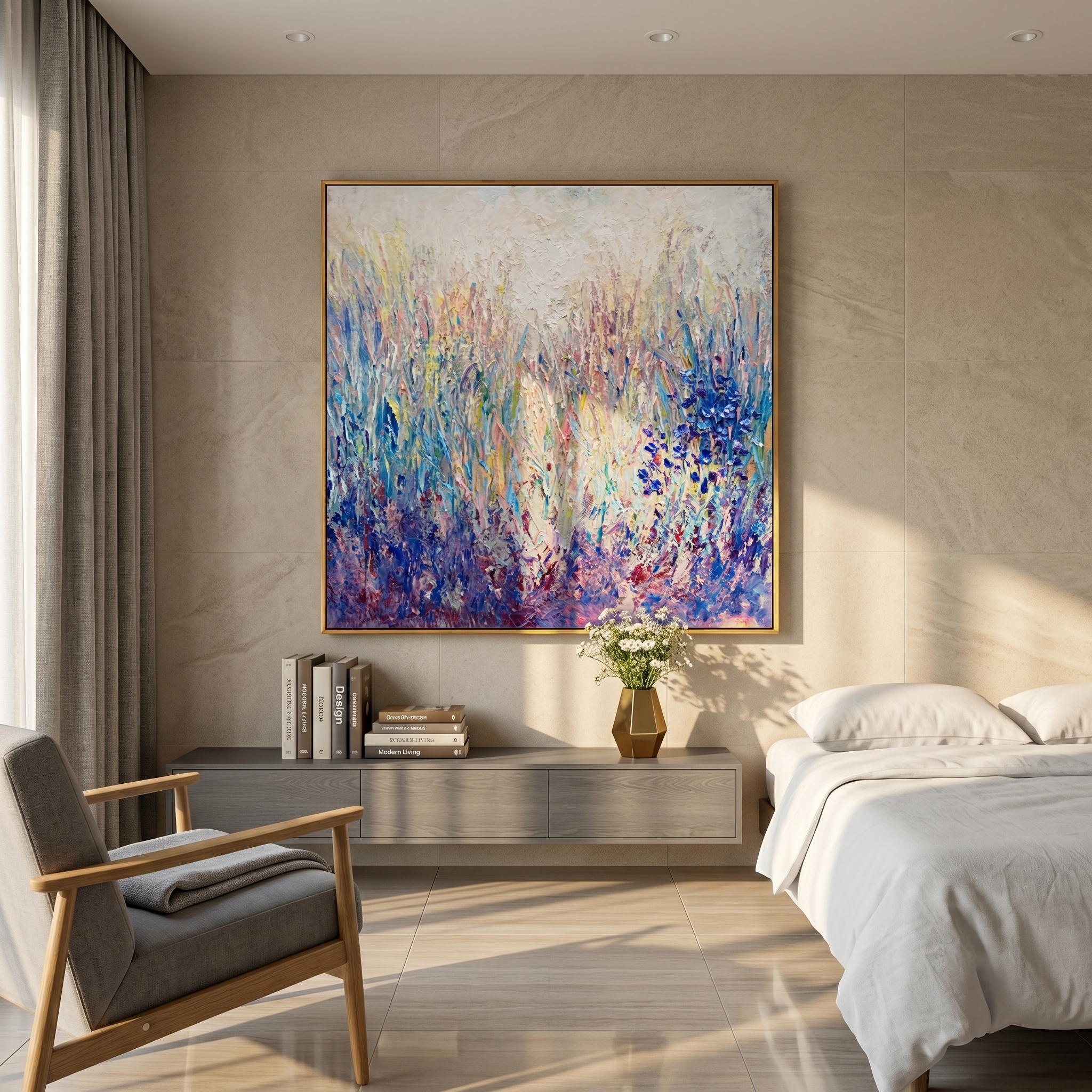 "Lavender Wildflower Meadow" - Modern Heavy Impasto Floral Abstract Landscape | 3D Violet Indigo & Soft Pastel Palette Knife Painting | Luxury Square Wall Art #PT 585