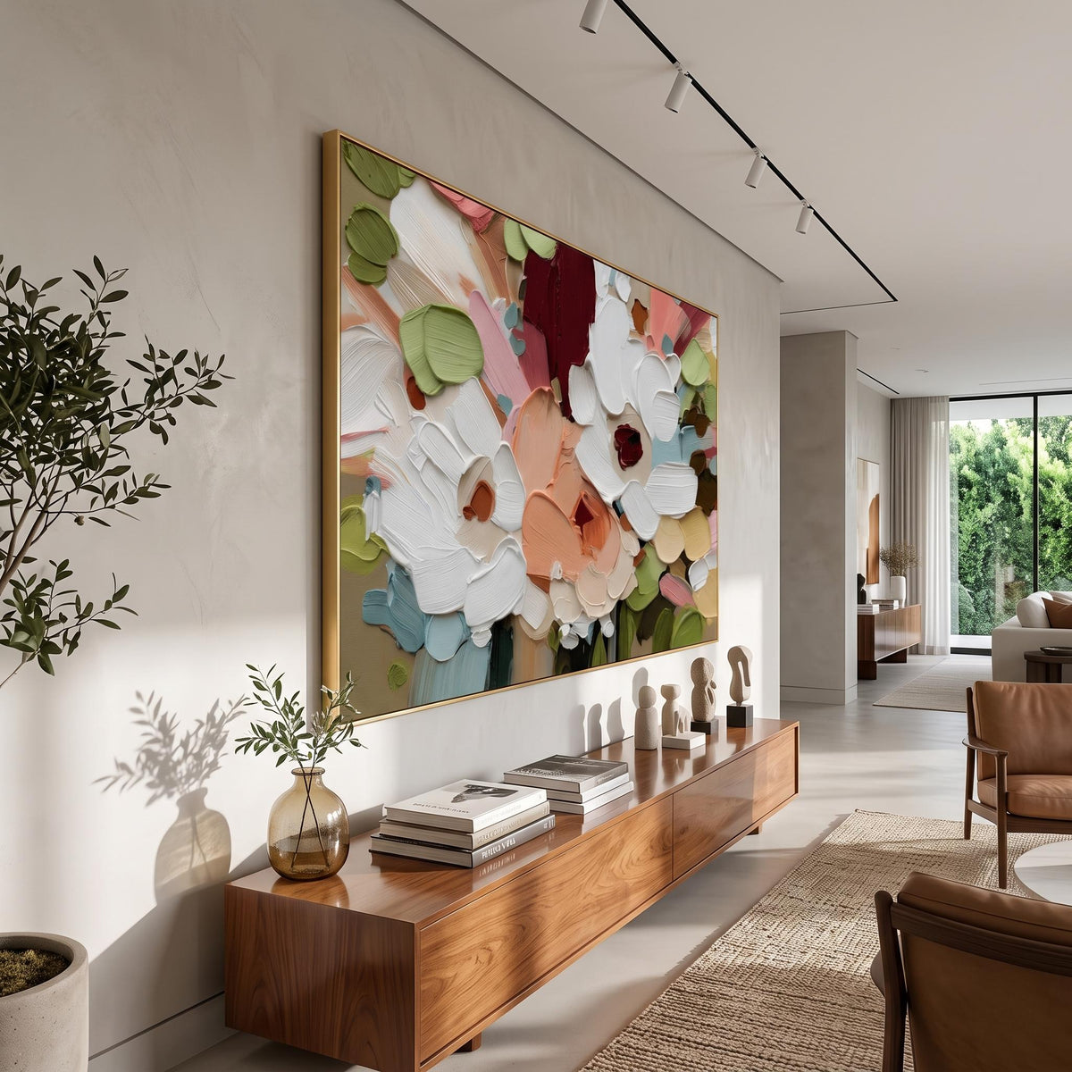"Colorful Textured Floral Wall" - Modern Heavy Impasto Floral Abstract | White Palette Knife Painting | Luxury Horizontal Wall Art #PT 2606