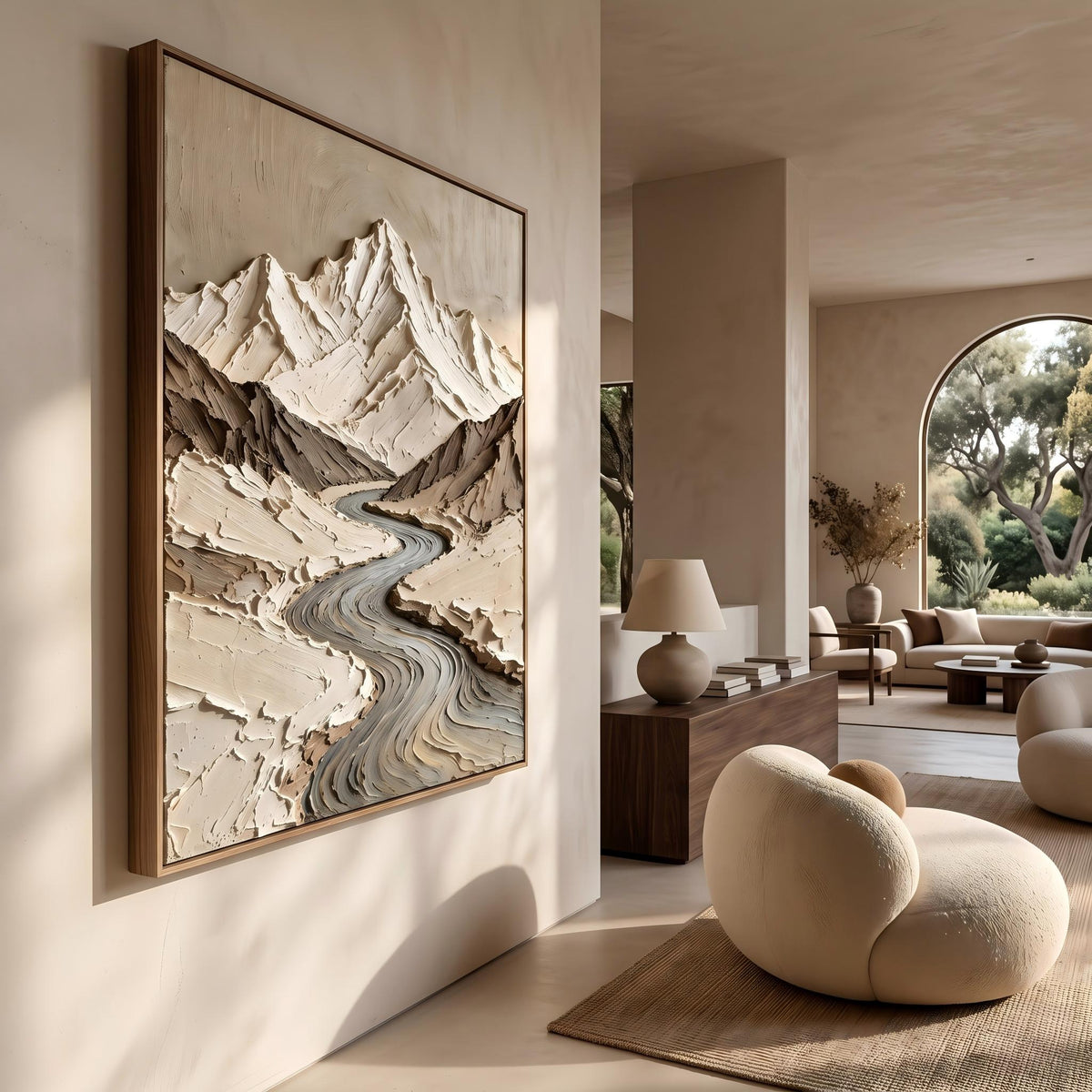"Thick Impasto Mountain Valley" - Modern Heavy Impasto Landscape Artwork | Beige Palette Knife Painting | Luxury Vertical Wall Art #PT 2602