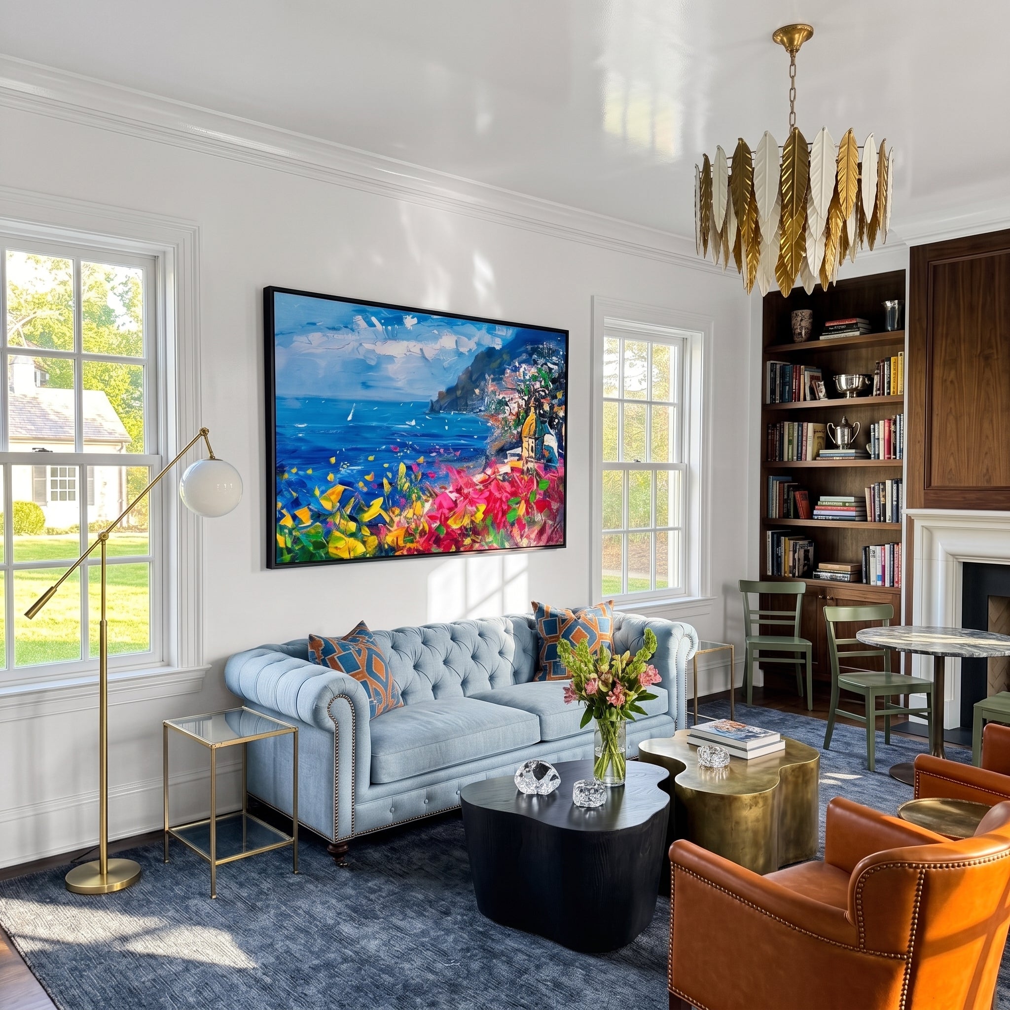 "Coastal Bloom Vista" - Colorful Mediterranean Seascape | Heavy Impasto Blue Ocean & Floral Palette Knife Painting | Luxury Horizontal Wall Art #PT 590