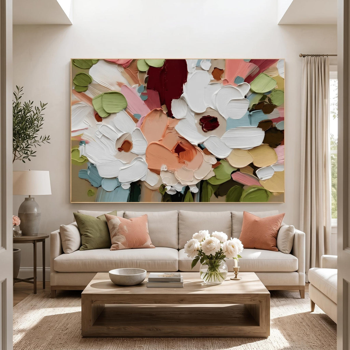 "Colorful Textured Floral Wall" - Modern Heavy Impasto Floral Abstract | White Palette Knife Painting | Luxury Horizontal Wall Art #PT 2606