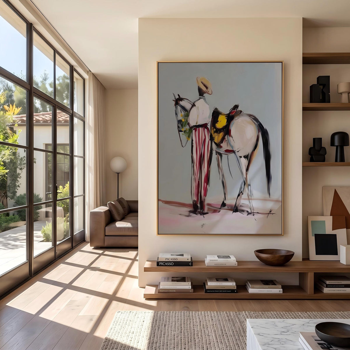 "Western Cowboy and Horse" - Modern Heavy Impasto Western Animal Artwork | White Palette Knife Painting | Luxury Vertical Wall Art #PT 2637