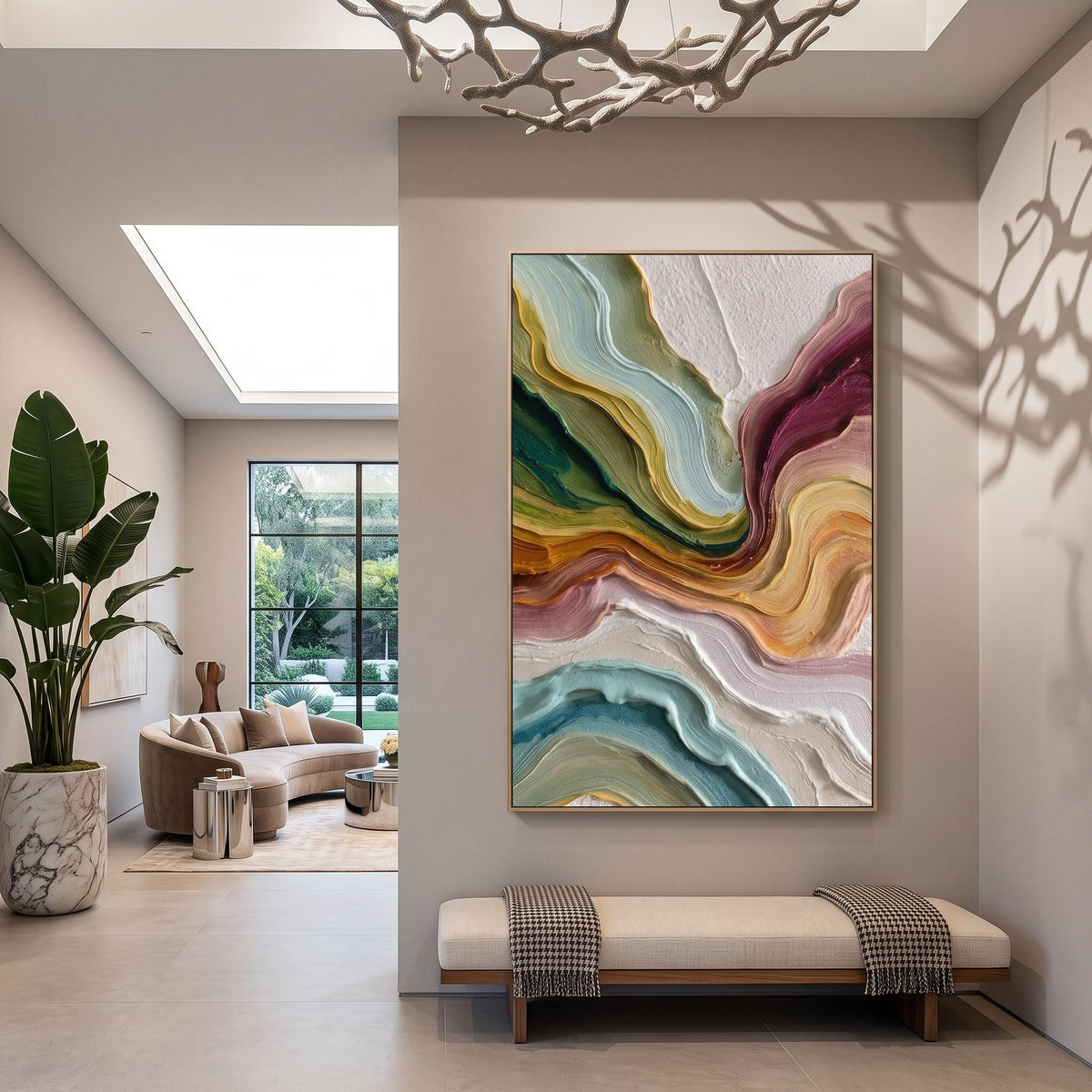 "Multicolor Layer Flow Abstract Wall" - Modern Heavy Impasto Abstract Artwork | Beige Palette Knife Painting | Luxury Vertical Wall Art #PT 2621