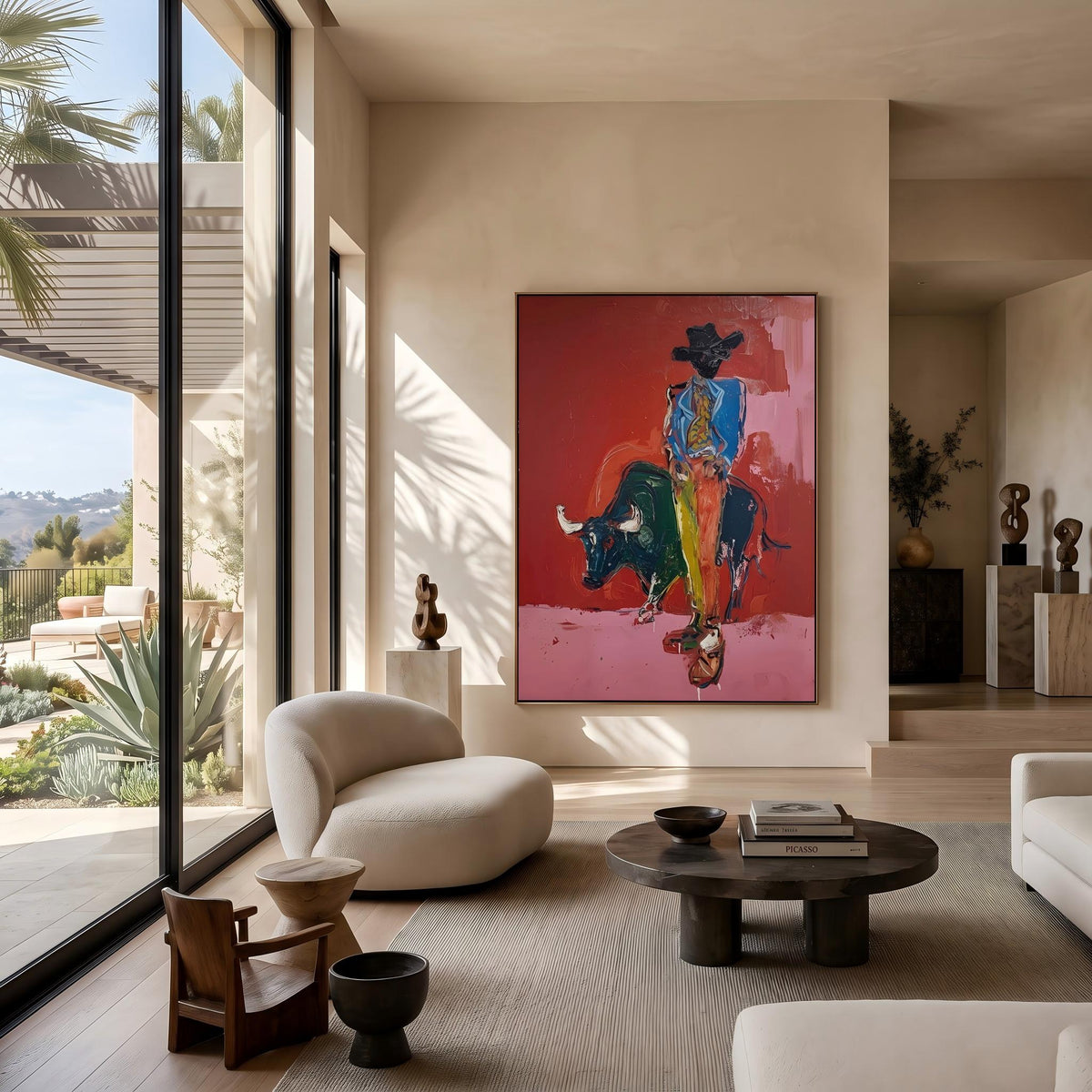 "Bullfighting Western Cowboy" - Modern Heavy Impasto Western Animal Artwork | Pink Palette Knife Painting | Luxury Vertical Wall Art #PT 2648