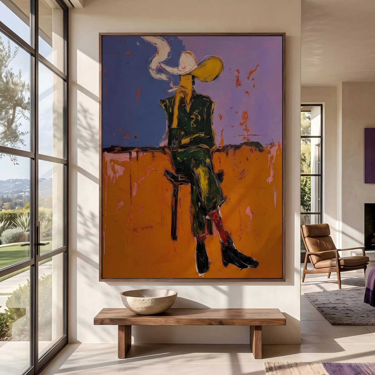 "Cigarettes Western Cowboy" - Modern Heavy Impasto Western Animal Artwork | Orange Palette Knife Painting | Luxury Vertical Wall Art #PT 2646