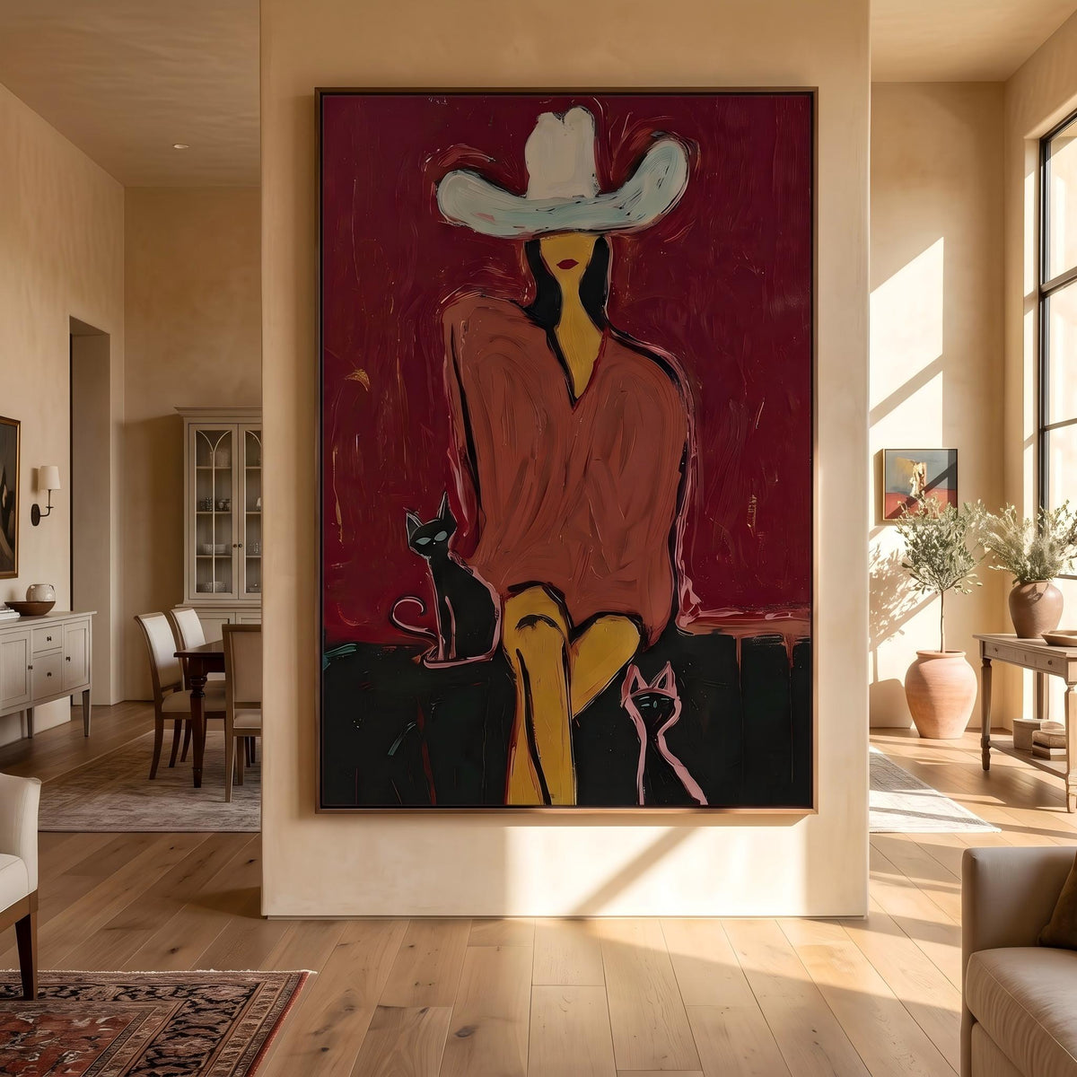 "Western Woman and Cat" - Modern Heavy Impasto Western Animal Artwork | Golden Palette Knife Painting | Luxury Vertical Wall Art #PT 2641