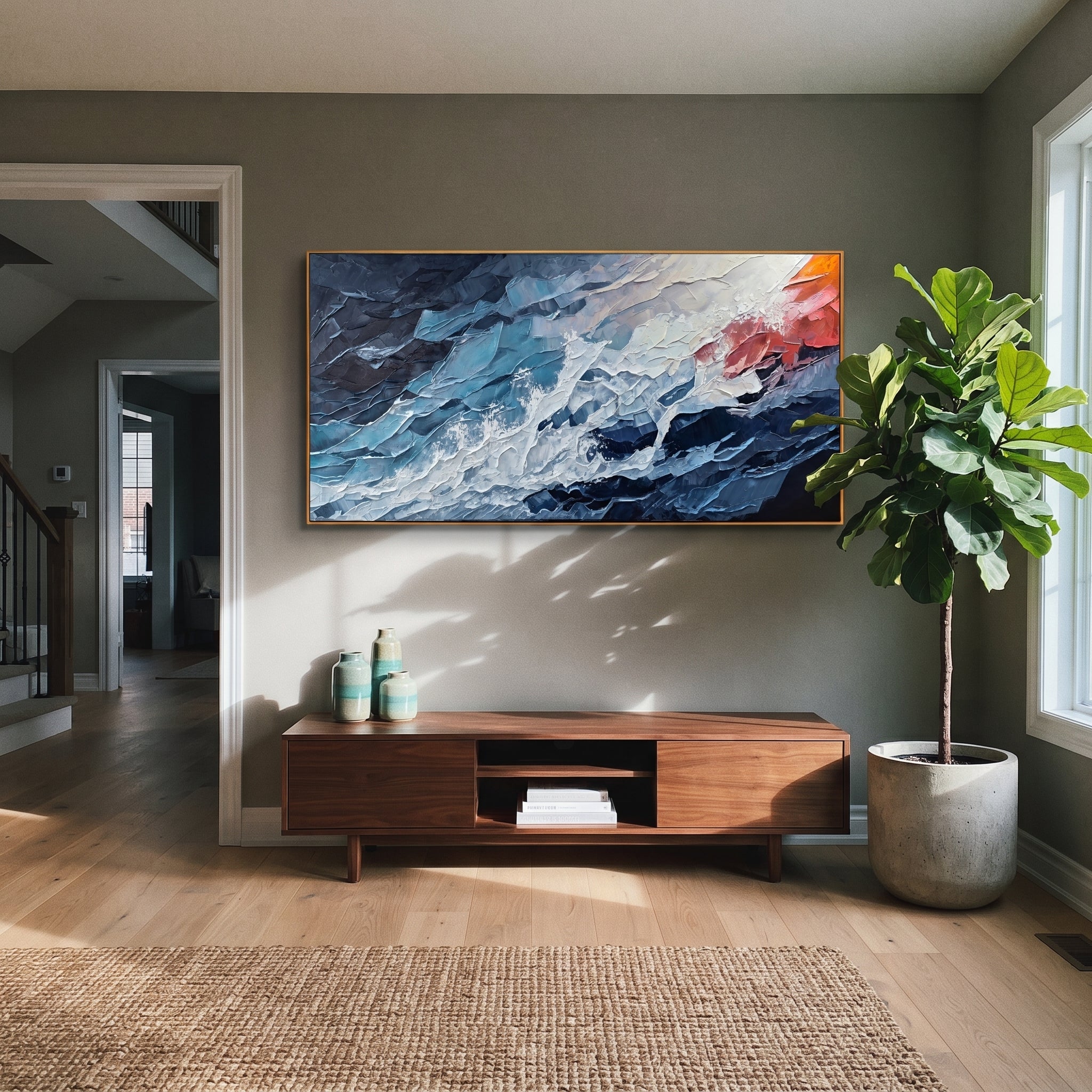 "Azure Ocean Passage" is a 100% hand-painted seascape created with professional oil and acrylic paints on high-quality canvas. Its blue & red palette and visible textured strokes give every piece authentic handmade variation and tactile depth.