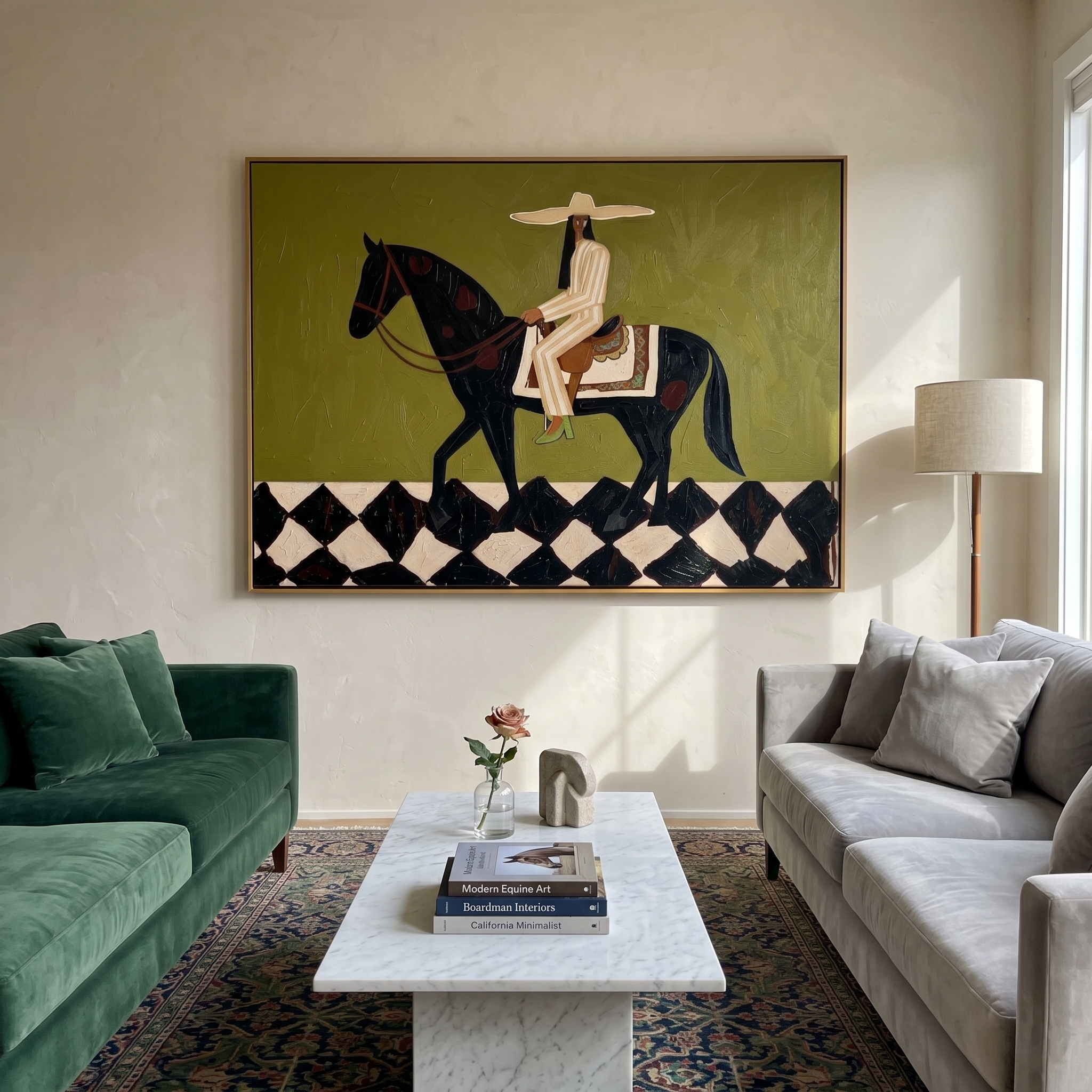 "Green Prairie Rider" - Modern Western Horse and Rider Art | Textured Green & Black Cowboy Canvas Painting | Luxury Horizontal Wall Art #PT 592