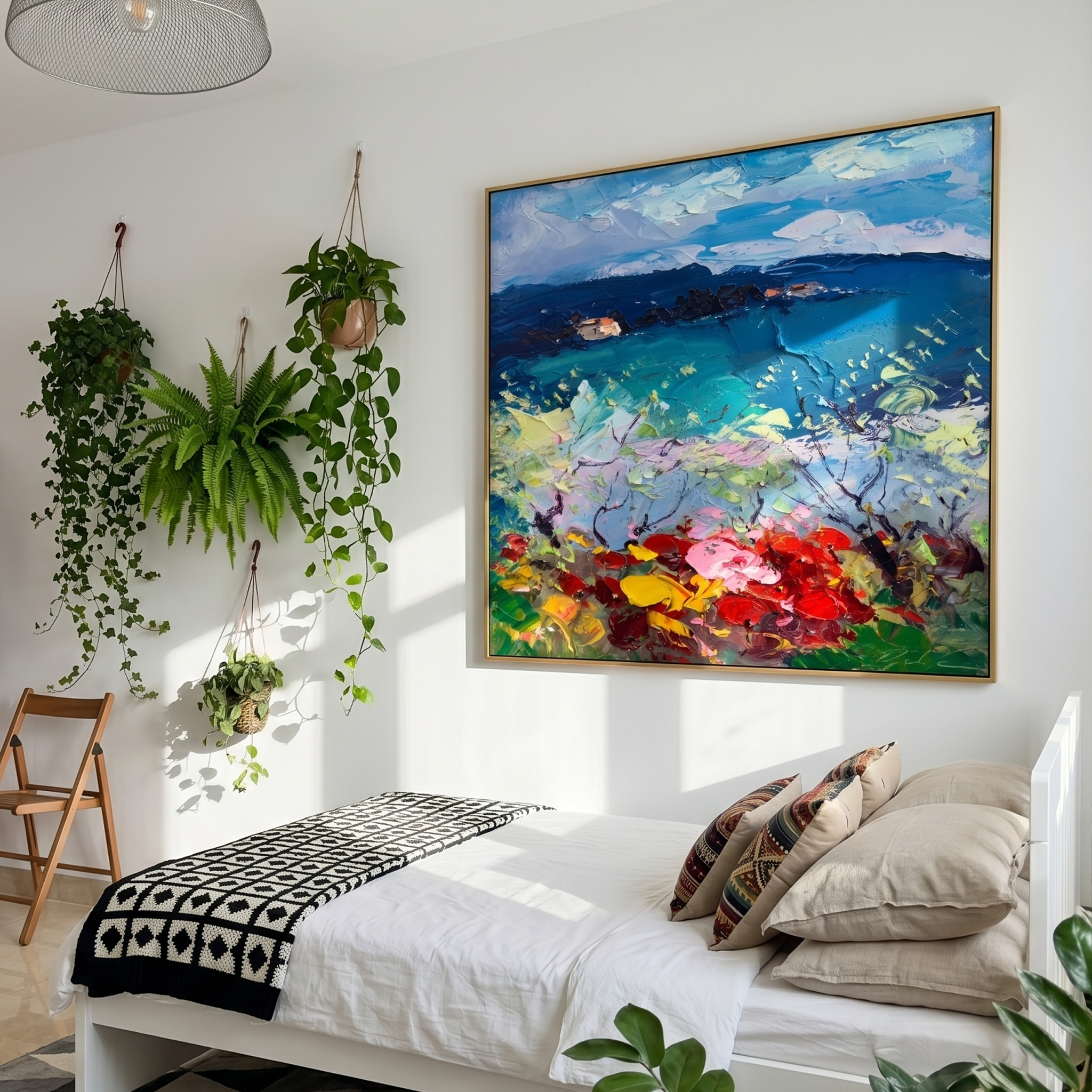 "Mediterranean Floral Vista" – Modern Heavy Impasto Impressionist Landscape | 3D Vivid Azure & Crimson Palette Knife Painting | Luxury Square Wall Art #PT 567
