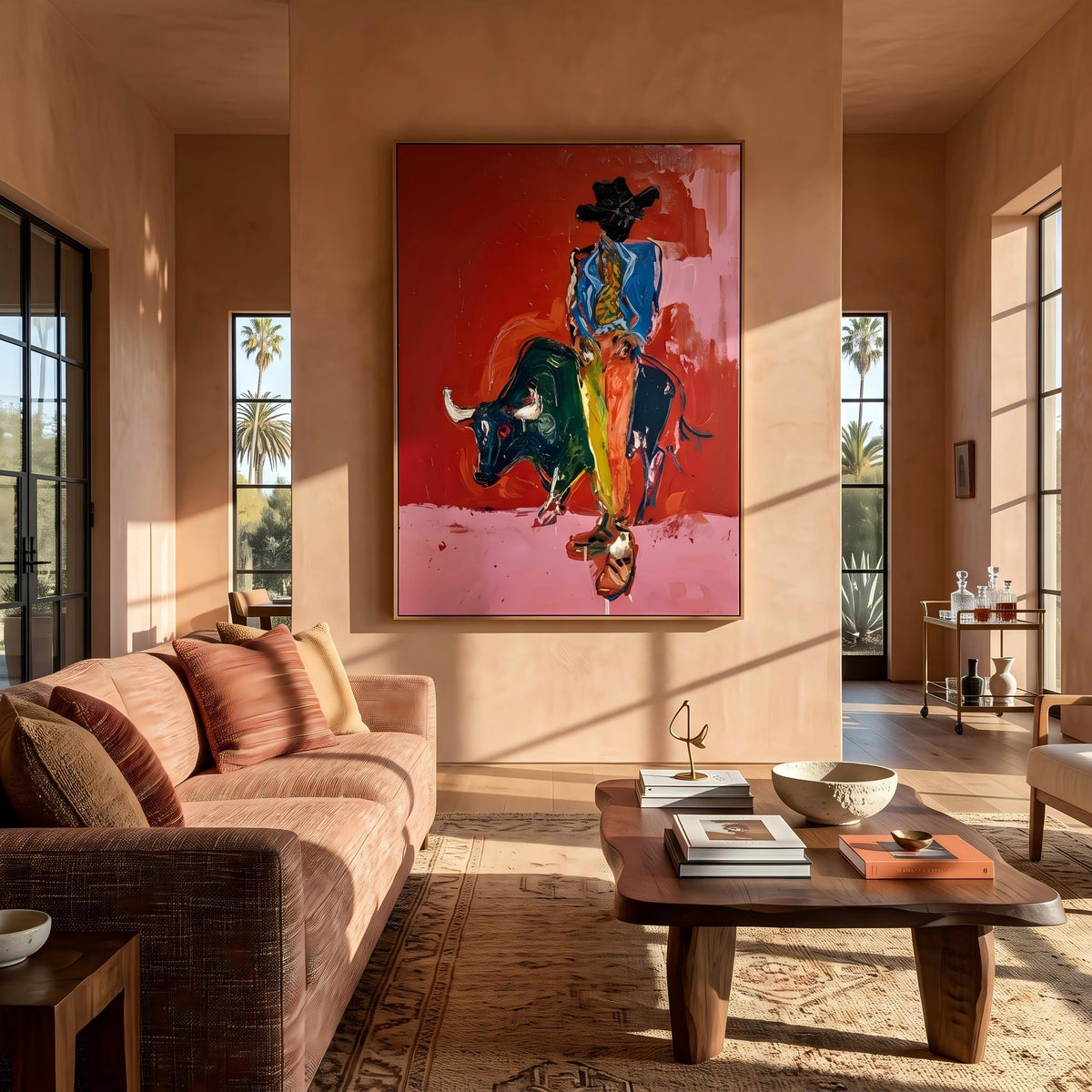"Bullfighting Western Cowboy" - Modern Heavy Impasto Western Animal Artwork | Pink Palette Knife Painting | Luxury Vertical Wall Art #PT 2648