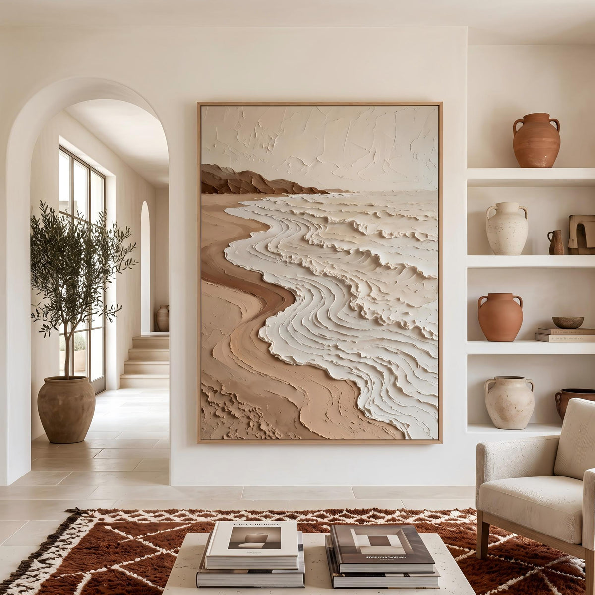 "Neutral Tones Stereoscopic Seaside Wall Decor" - Modern Heavy Impasto Coastal Landscape | Beige Palette Knife Painting | Luxury Vertical Wall Art #PT 2604