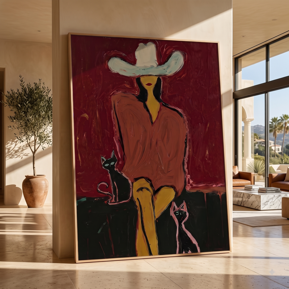 "Western Woman and Cat" - Modern Heavy Impasto Western Animal Artwork | Golden Palette Knife Painting | Luxury Vertical Wall Art #PT 2641