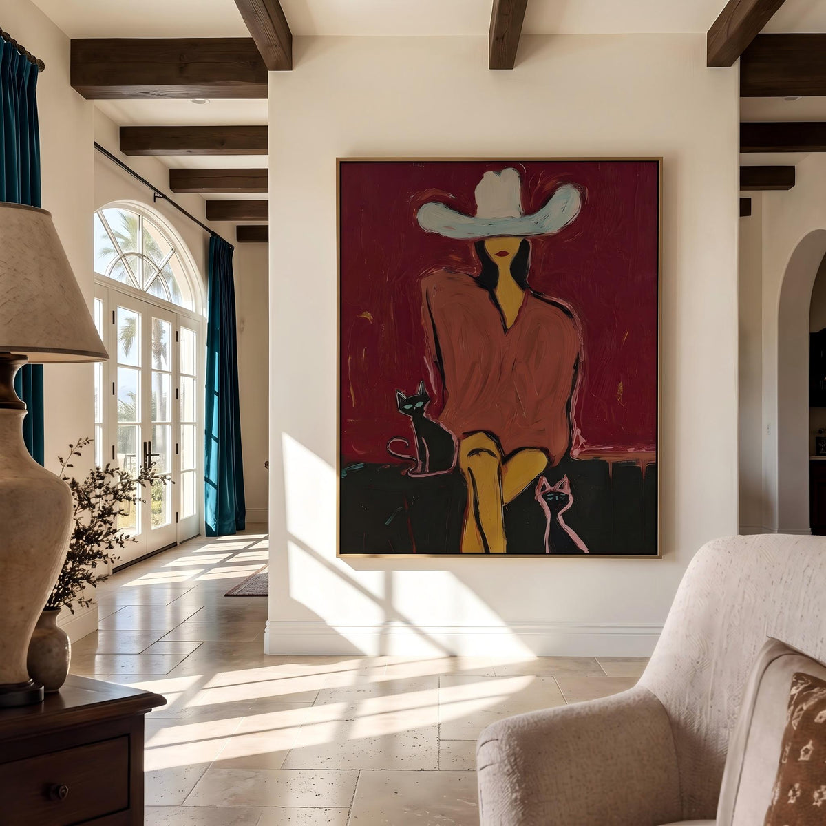 "Western Woman and Cat" - Modern Heavy Impasto Western Animal Artwork | Golden Palette Knife Painting | Luxury Vertical Wall Art #PT 2641