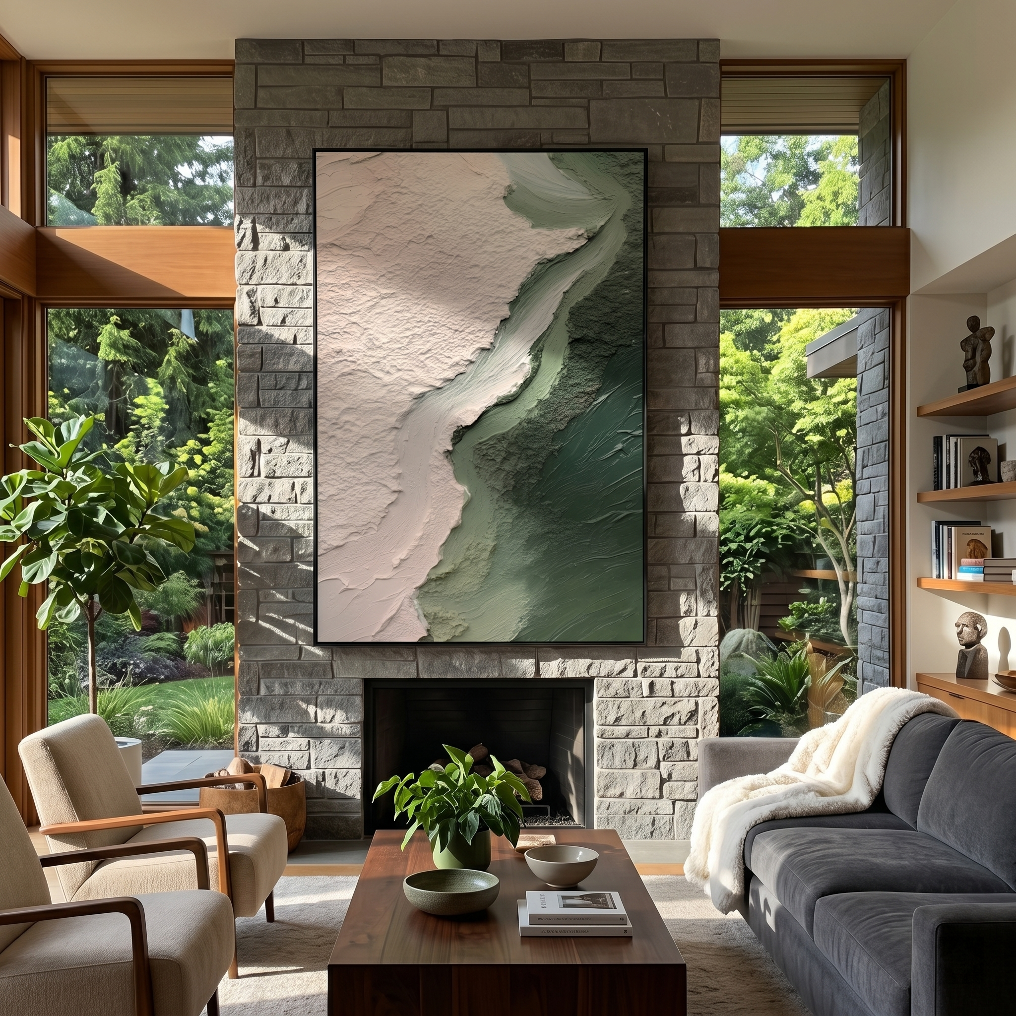 "Flowing Sage Wave Divide" – Modern Heavy Impasto Wabi‑Sabi Abstract | 3D Soft Blush Pink & Gradient Sage‑Green Palette Knife Painting | Luxury Vertical Wall Art #PT 596