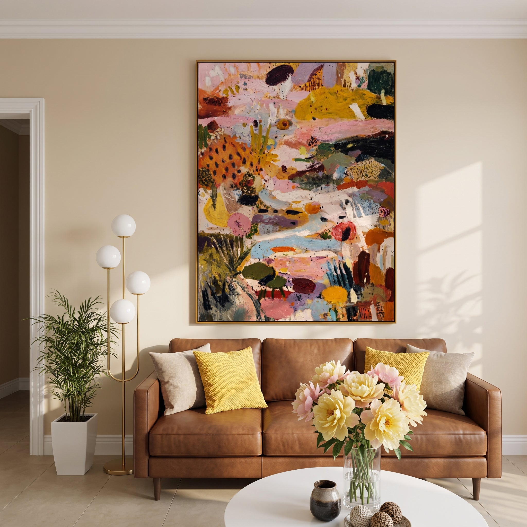"Vibrant Wild Garden Abstract Chaos" – Modern Heavy Impasto Expressionist Floral Abstract | 3D Mustard Ochre & Blush Pink Palette Knife Painting | Luxury Vertical Wall Art #PT 572