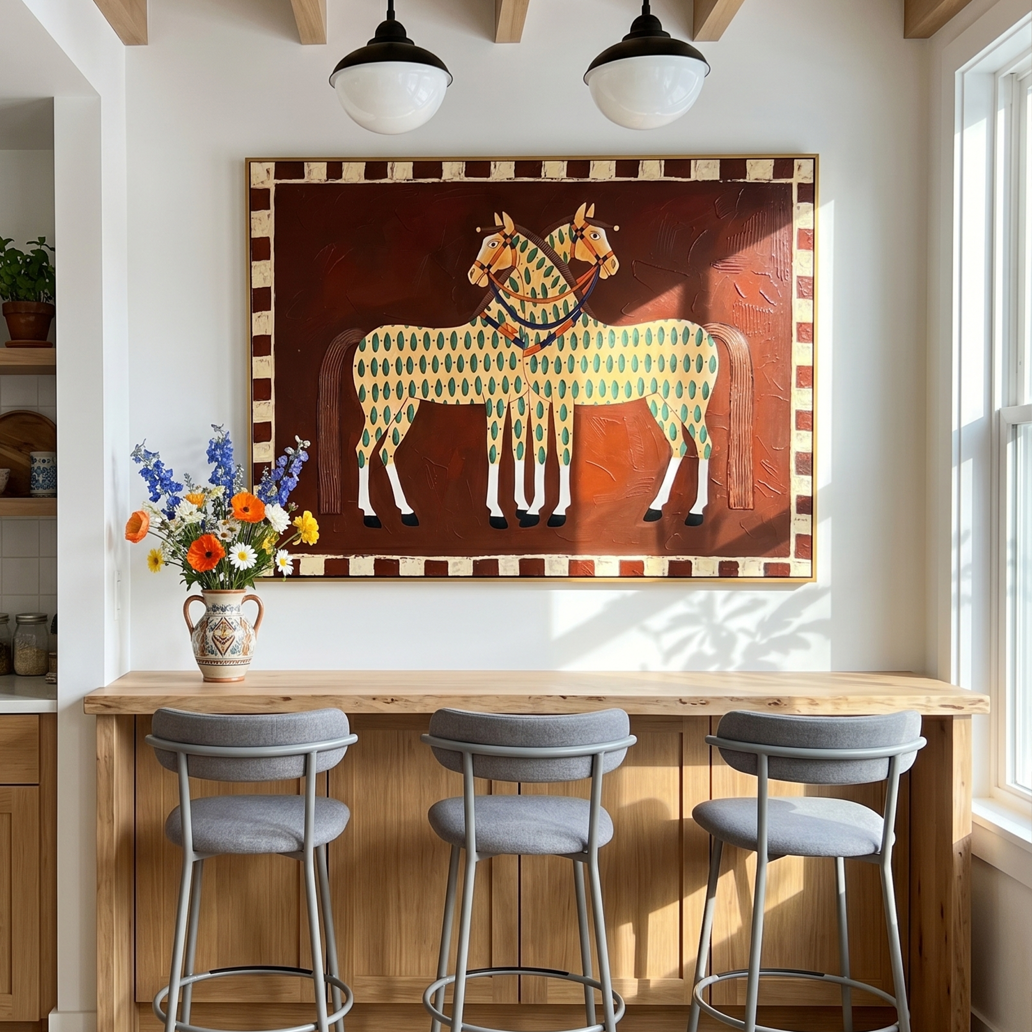 "Paired Folk Patterned Equines" – Modern Heavy Impasto Primitive Equestrian Figurative | 3D Russet Brown & Soft Sage Palette Knife Painting | Luxury Horizontal Wall Art #AN 151