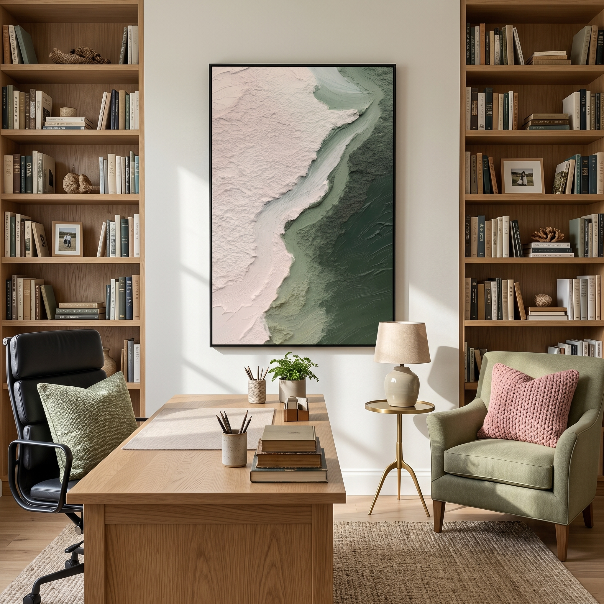"Flowing Sage Wave Divide" – Modern Heavy Impasto Wabi‑Sabi Abstract | 3D Soft Blush Pink & Gradient Sage‑Green Palette Knife Painting | Luxury Vertical Wall Art #PT 596