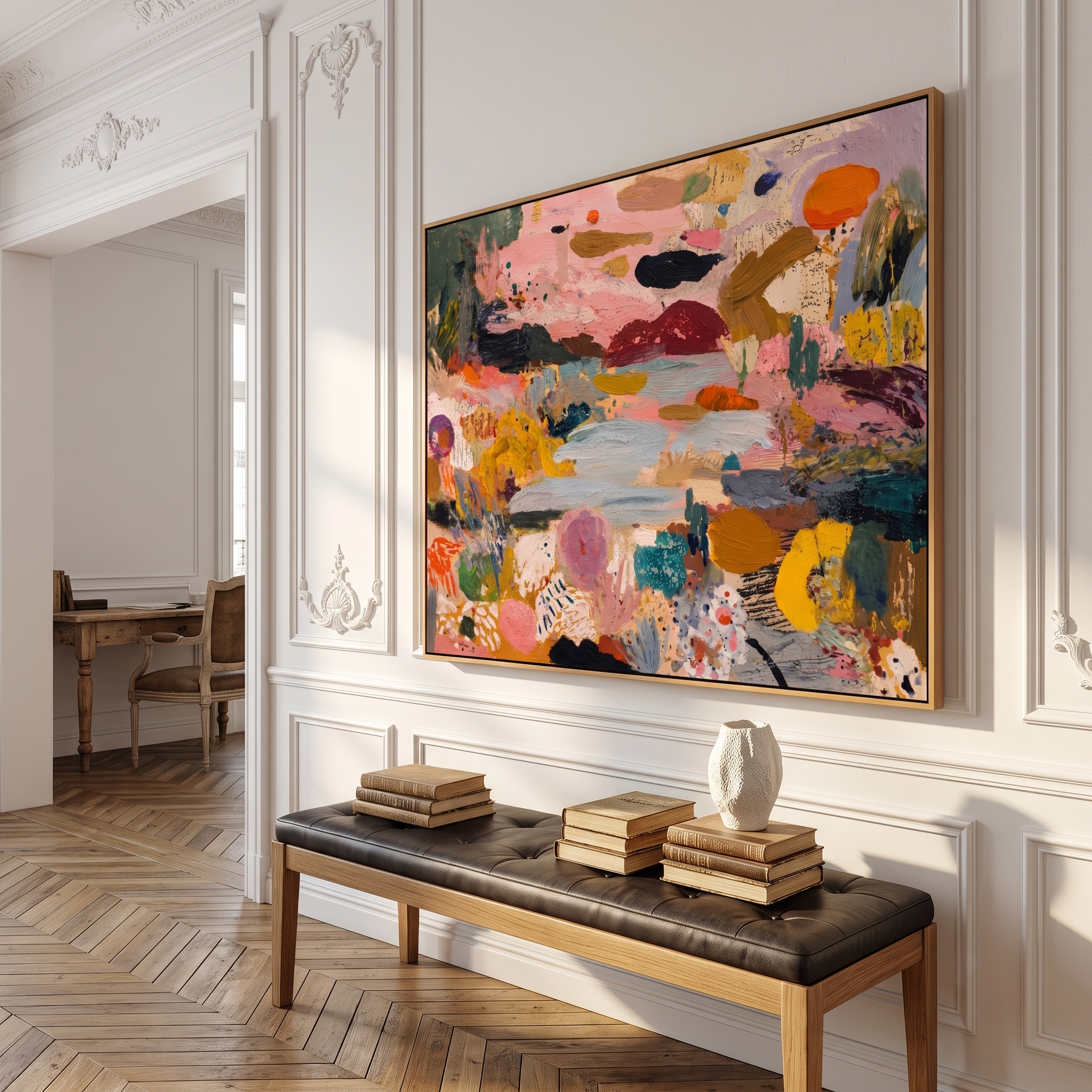 "Blooming River Garden" - Modern Heavy Impasto Abstract Landscape | Colorful Pink & Ochre Palette Knife Painting | Luxury Horizontal Wall Art #PT 594