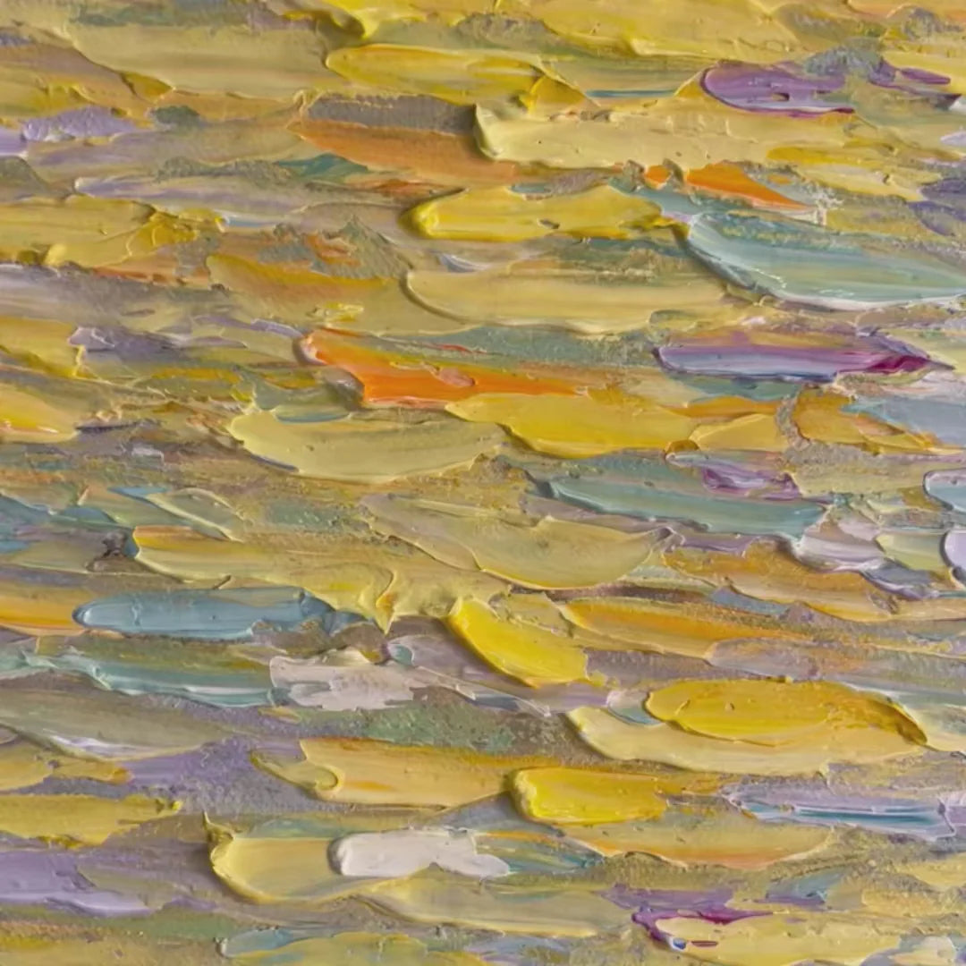 "Golden Ripples" – Impressionist Sunset Seascape Impasto Painting | Modern Healing Style Blue Ocean Wall Art#BE037