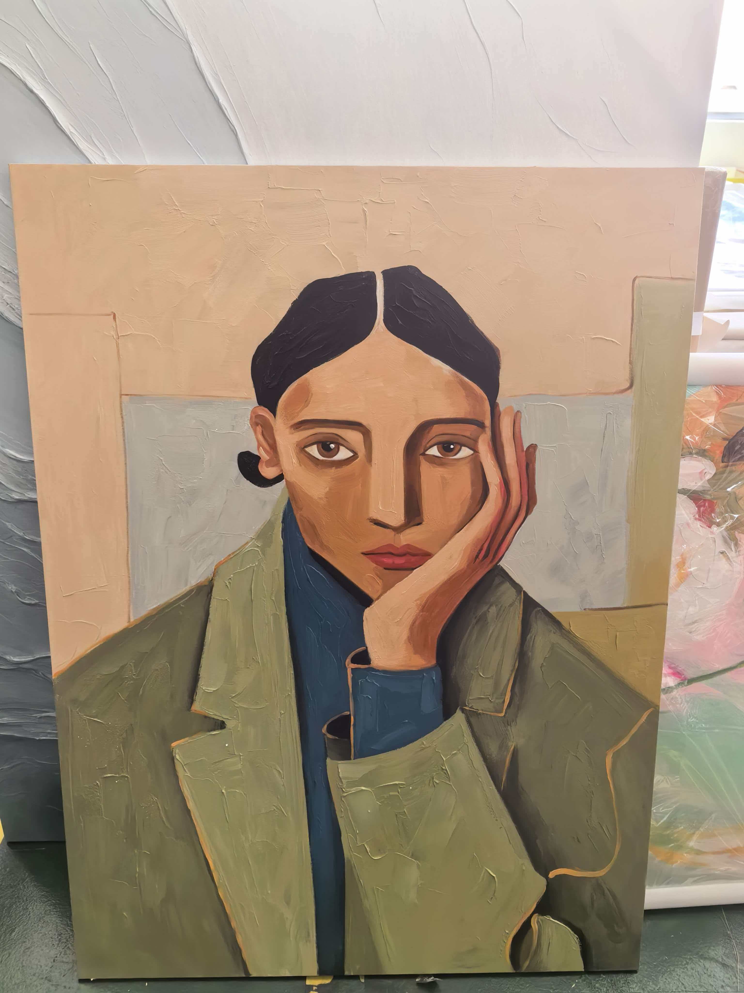 "SILENT MUSE" – 3D Sculptural Heavy Impasto Modern Portrait | Nordic Sage Style Healing Figurative Wall Art #PE497