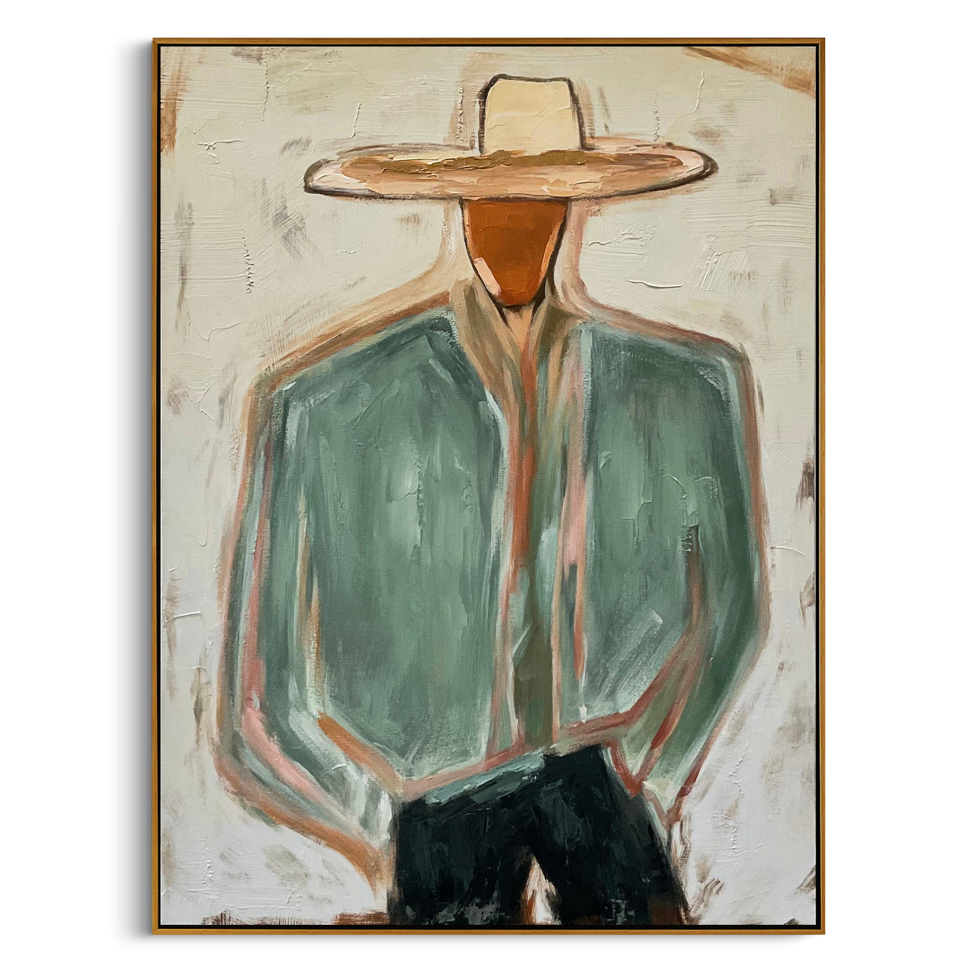"The Modern Cowboy" – Heavy Impasto Abstract Portrait | 3D Green & Terracotta Palette Knife Painting | Luxury Vertical Wall Art #PE 504