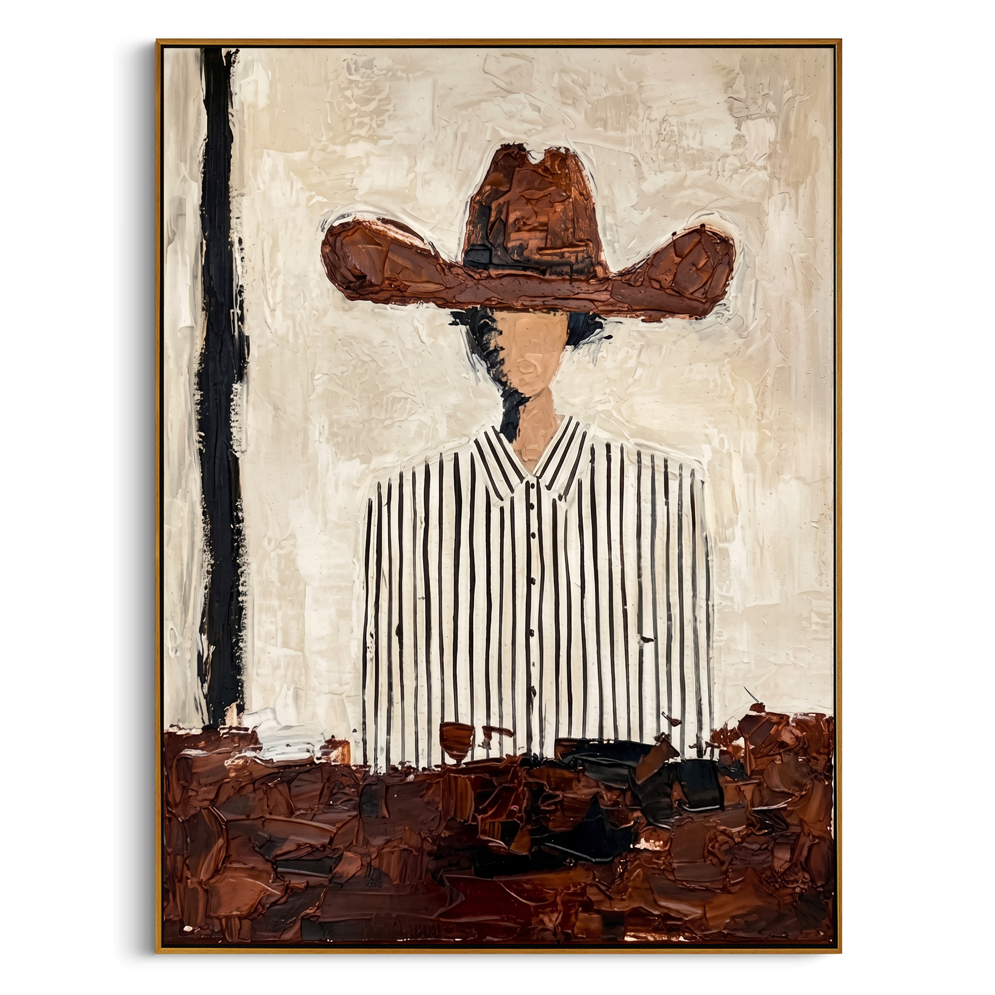"Rustic Striped Cowgirl" – Expressive Sculptural Portrait Art | 3D Layered Terracotta & Black Canvas | Luxury Vertical Wall Art #PE 505