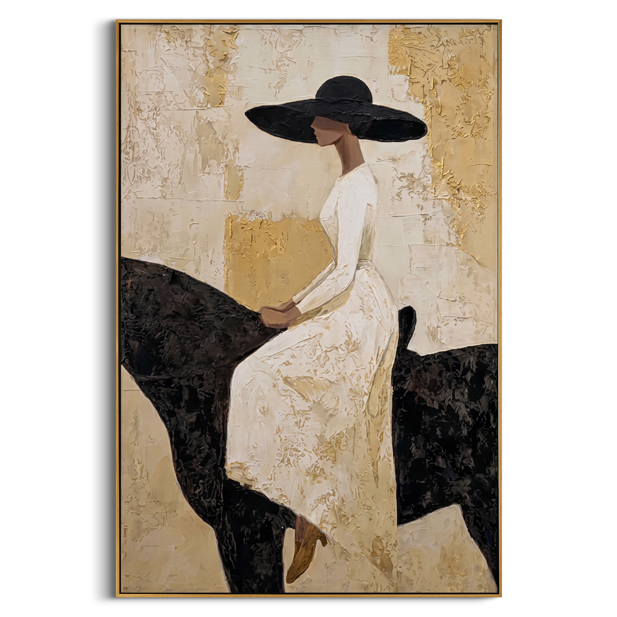 "Equestrian Elegance" – Modern Heavy Impasto Figurative Art | 3D Ivory & Gold Leaf Palette Knife Painting | Luxury Vertical Wall Art #PE 515