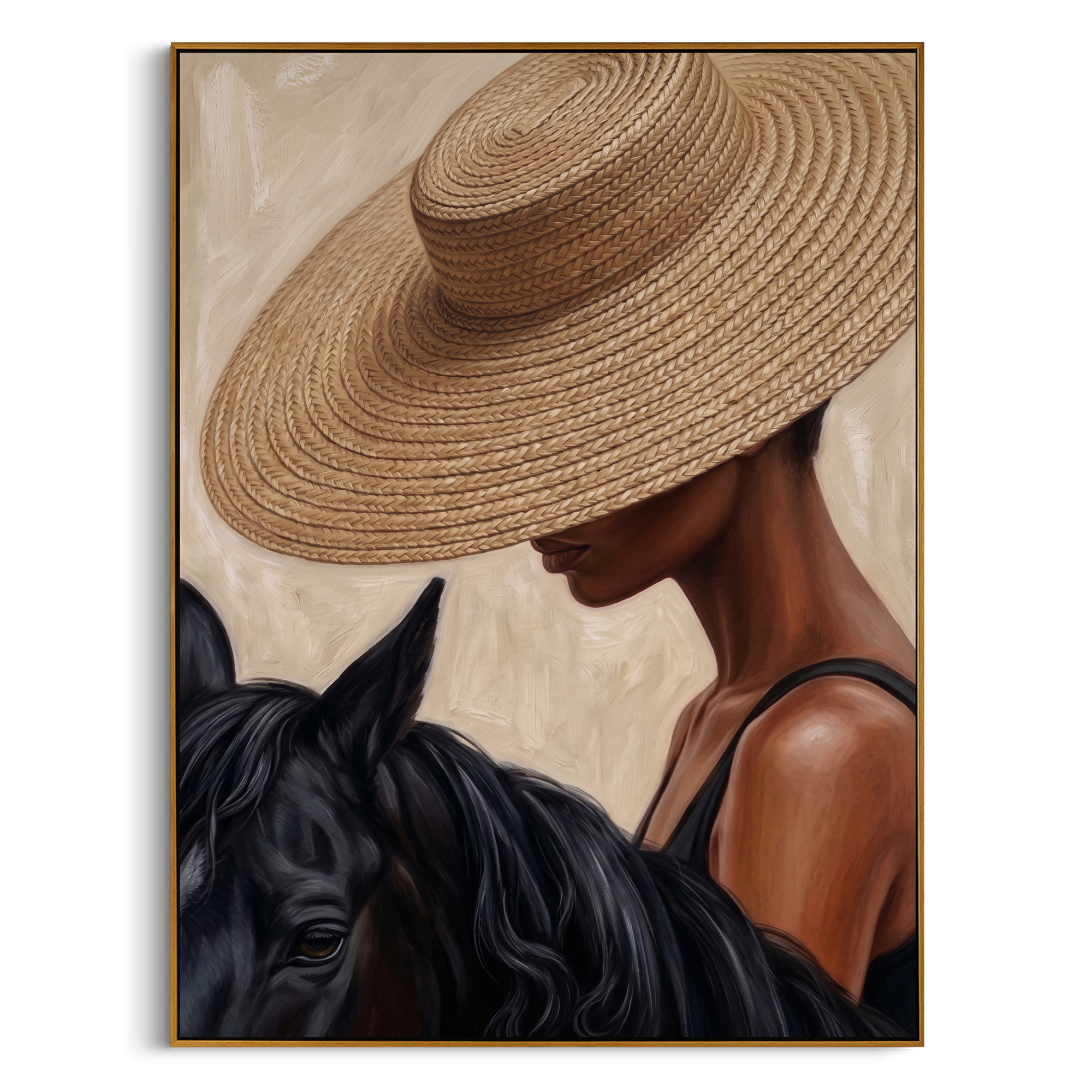 "Straw Hat & Steed" – Modern Heavy Impasto Figurative Art | 3D Natural Woven & Noir Palette Knife Painting | Luxury Vertical Wall Art #PE 516