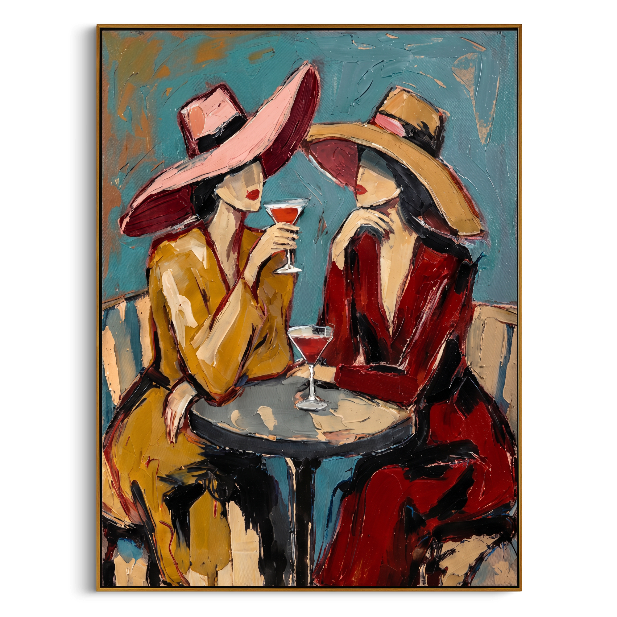 "Cocktail Hour Companions" – Modern Heavy Impasto Figurative Art | 3D Teal & Crimson Palette Knife Painting | Luxury Vertical Wall Art #PE 517