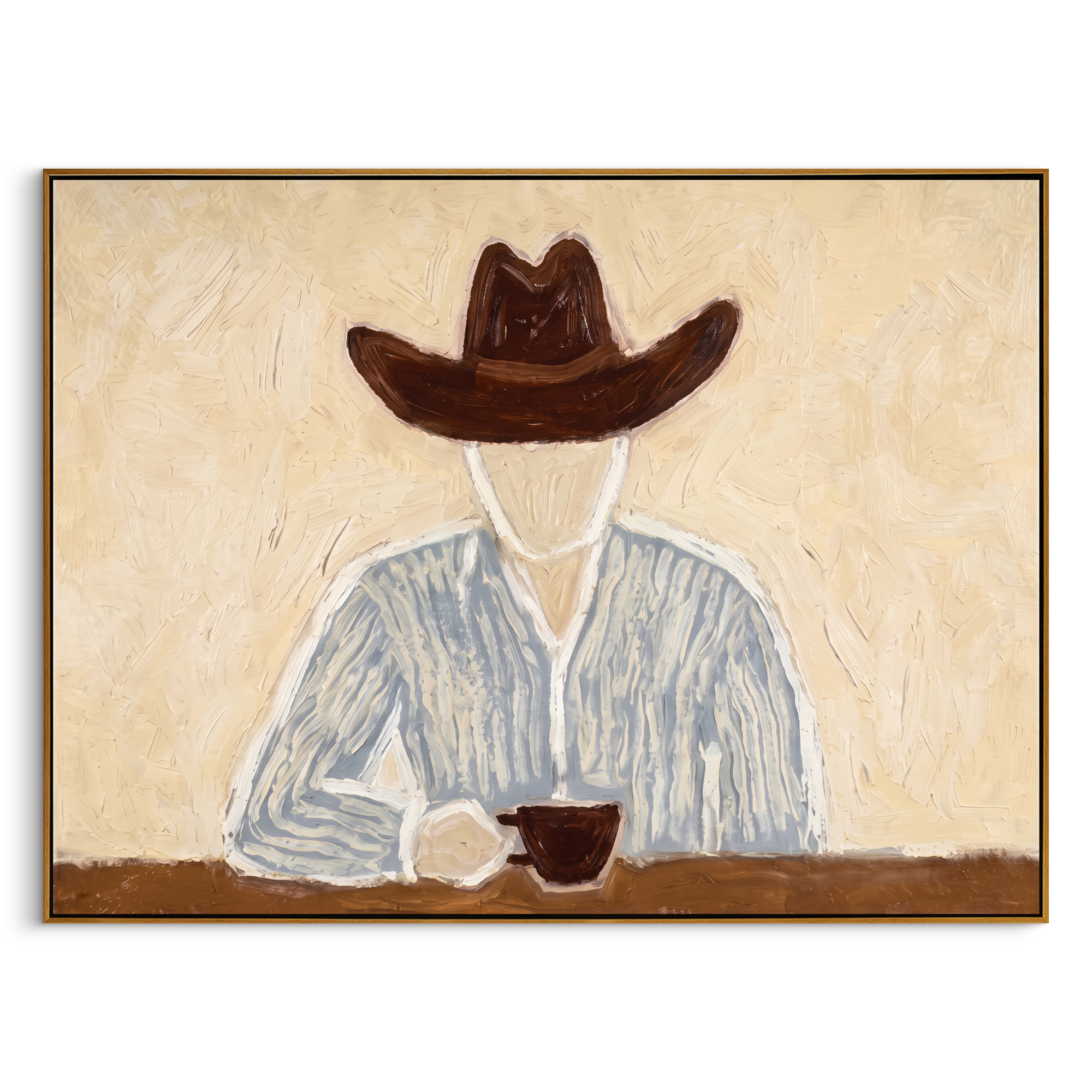 "Cowboy’s Quiet Coffee Break" – Modern Heavy Impasto Minimal Western Figurative | 3D Warm Cream & Slate Blue Palette Knife Painting | Luxury Horizontal Wall Art #PE 523