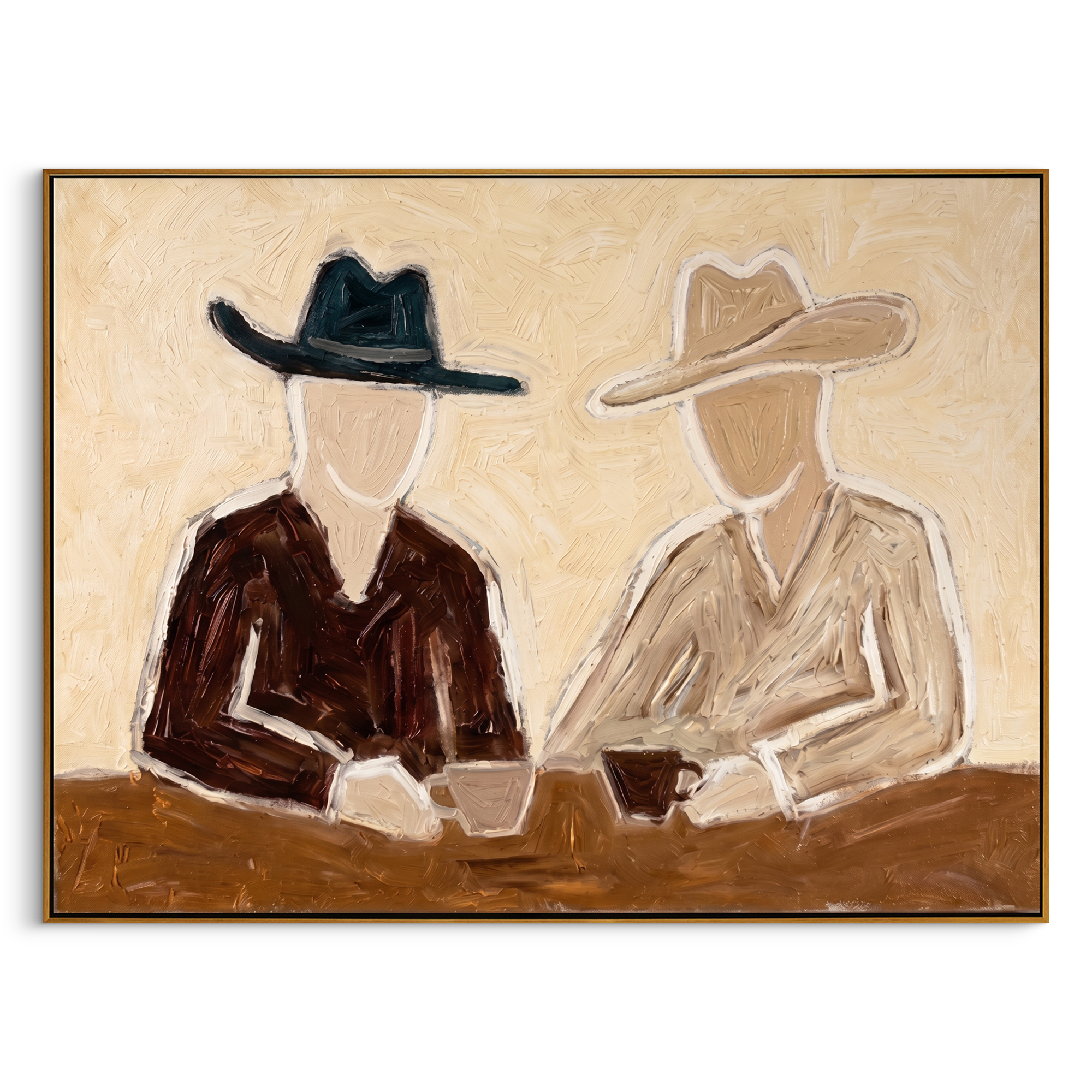 "Two Cowboys’ Coffee Chat" – Modern Heavy Impasto Minimal Western Figurative | 3D Warm Cream & Earth Brown Palette Knife Painting | Luxury Horizontal Wall Art #PE 524