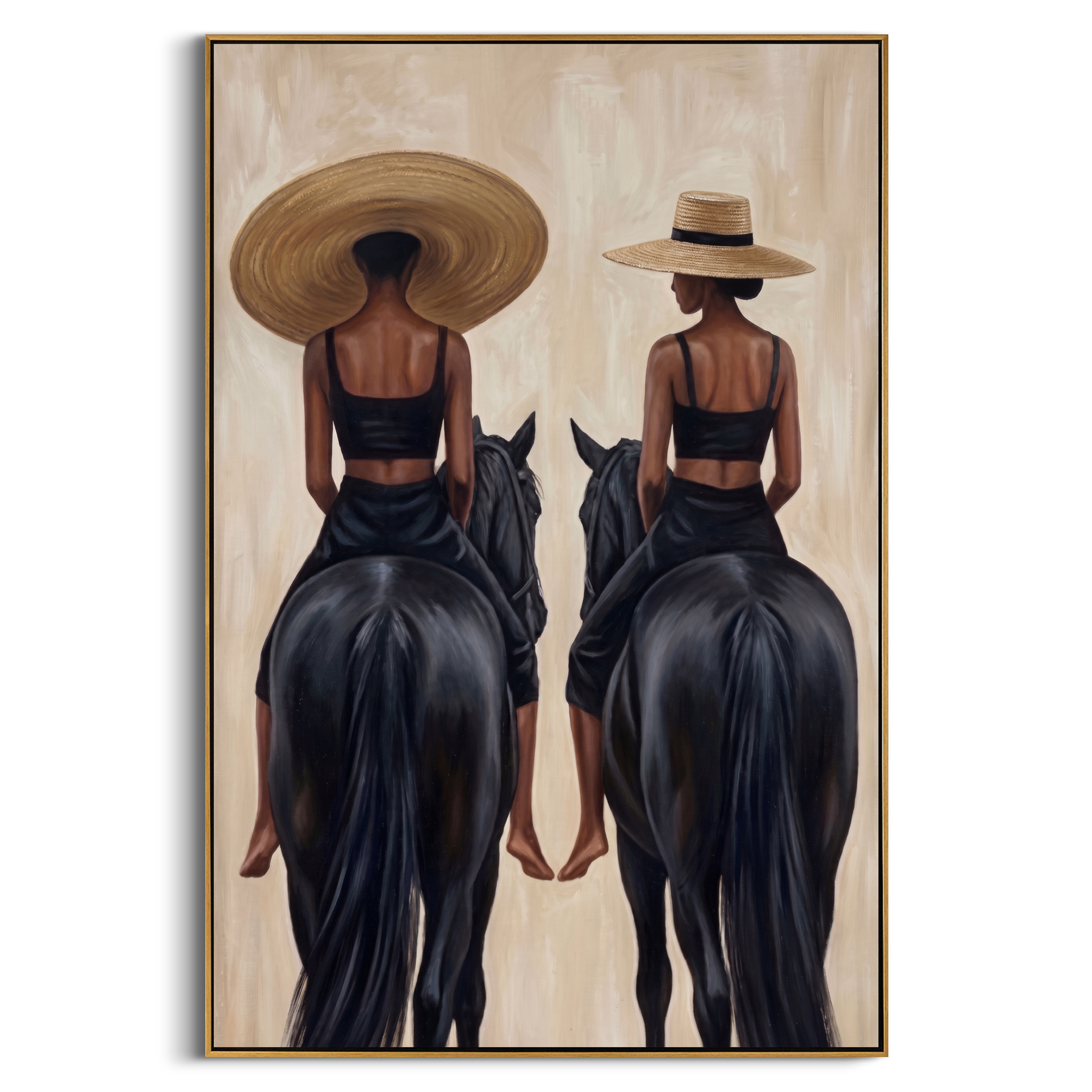 "Two Riders at Dawn" – Modern Heavy Impasto Figurative Art | 3D Raffia & Noir Palette Knife Painting | Luxury Vertical Wall Art #PT 556