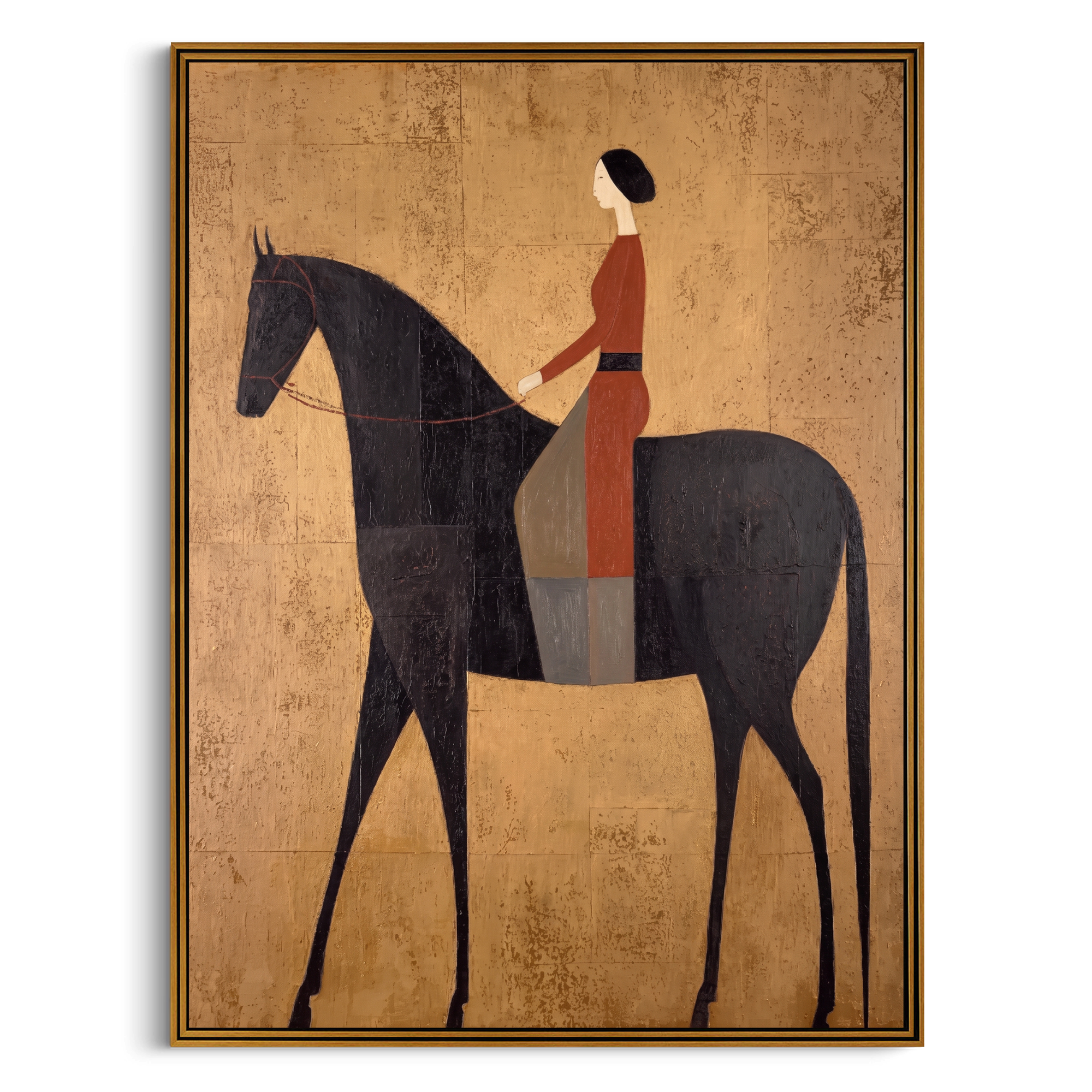 "Gilded Noble Equestrienne" – Modern Heavy Impasto Vintage Figurative | 3D Antique Gold & Burgundy Ebony Palette Knife Painting | Luxury Vertical Wall Art #PT 558
