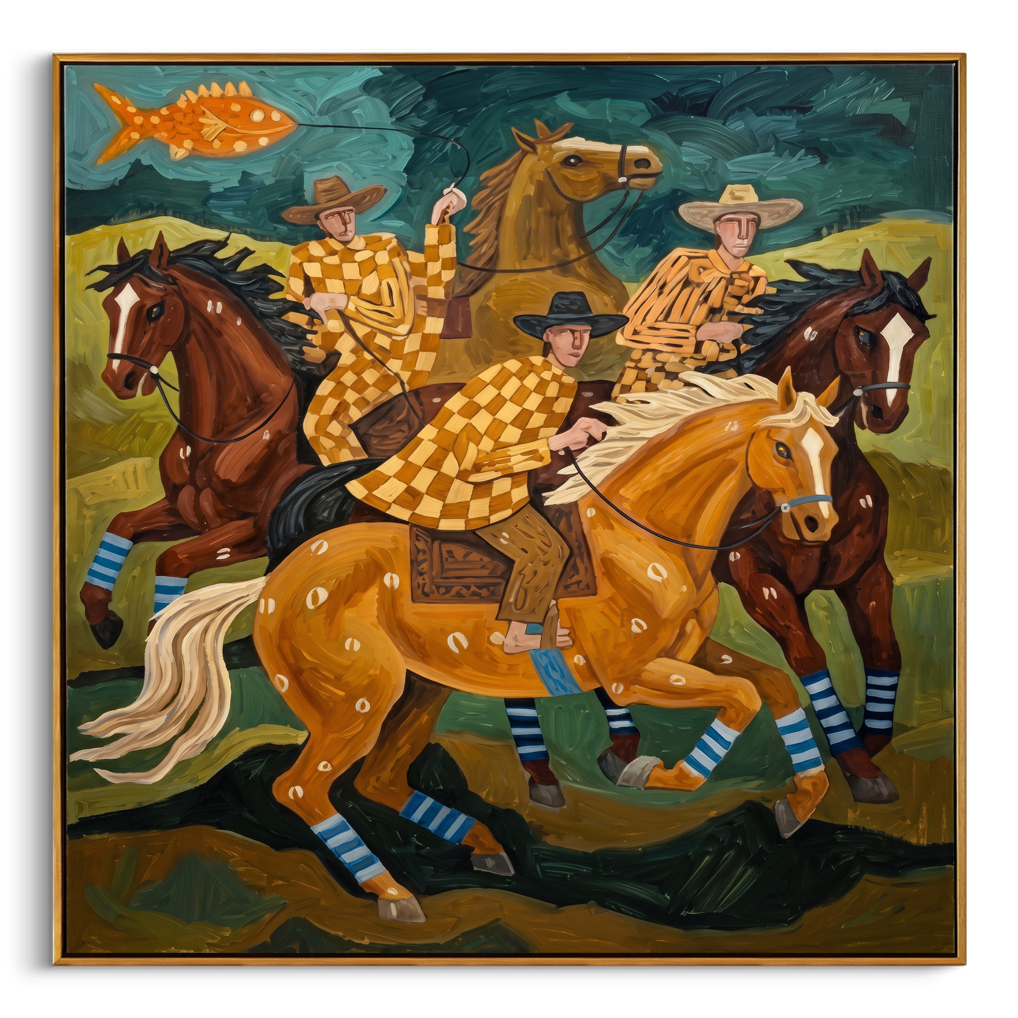 "Checkered Prairie Riders" – Modern Heavy Impasto Folk Western Figurative | 3D Moss Green & Golden Ochre Palette Knife Painting | Luxury Square Wall Art #PT 565