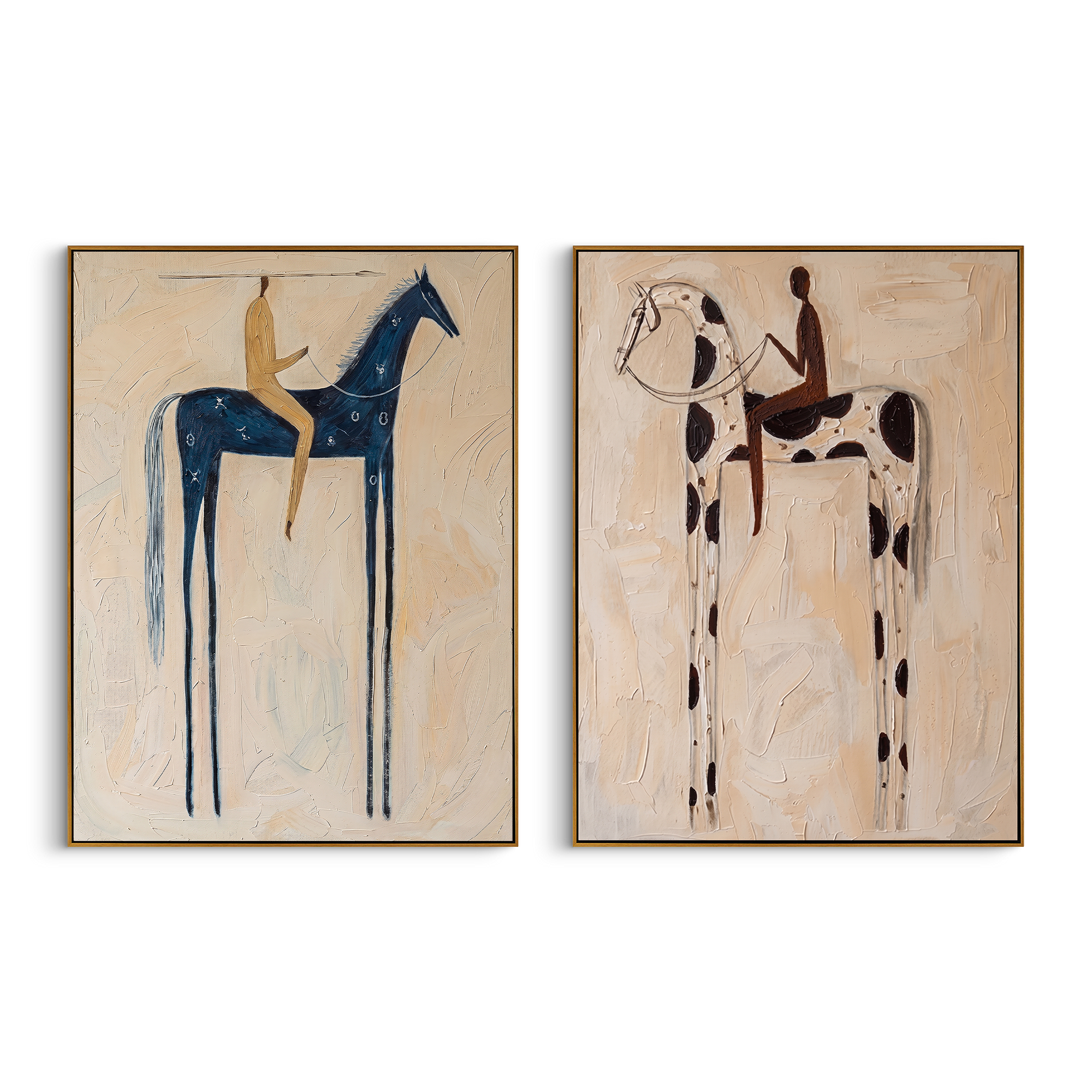 "Dual Stylized Equine Journey" – Modern Heavy Impasto Primitive Figurative | 3D Navy Blue & Warm Taupe Palette Knife Painting | Luxury Two-Panel Vertical Wall Art Set #AB 520