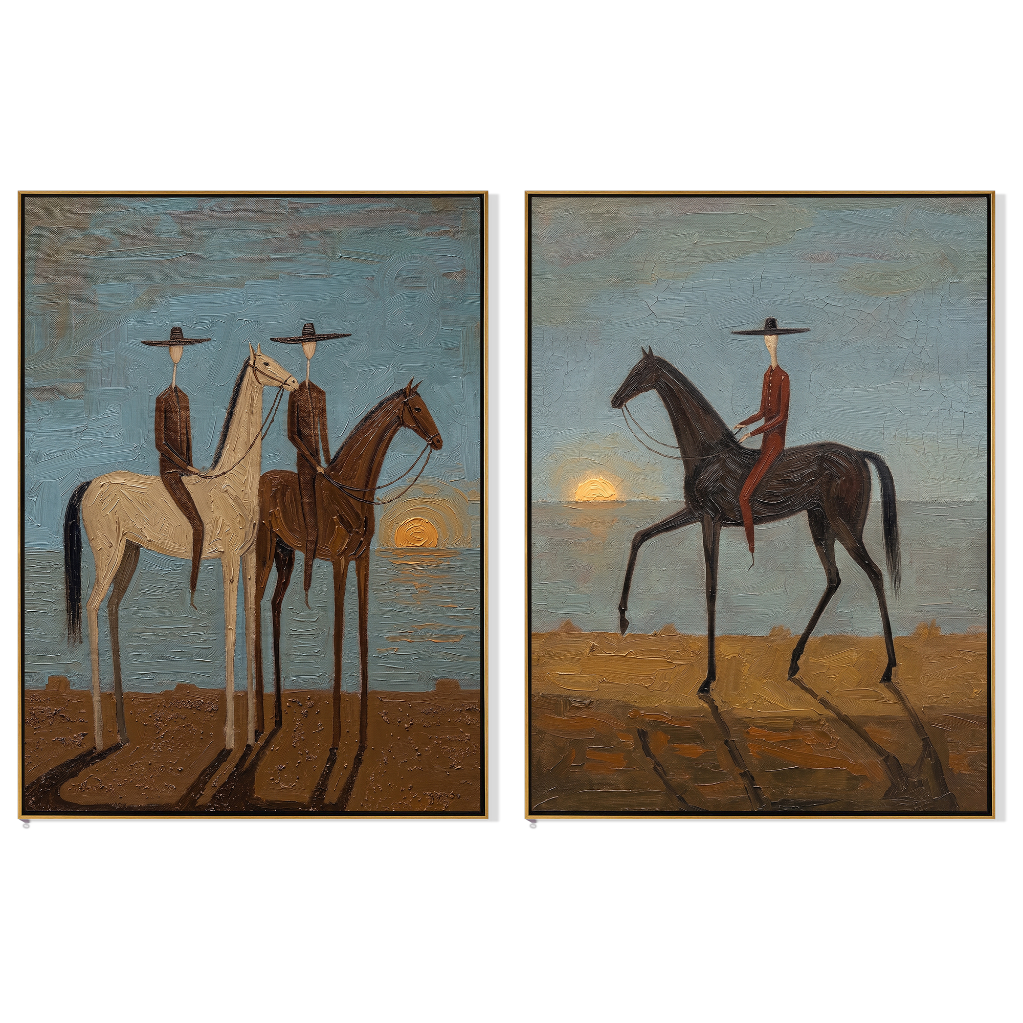 "Coastal Sunset Cowboy Duet Diptych" – Modern Heavy Impasto Surreal Western Figurative | 3D Dusk Blue & Earth Umber Palette Knife Painting | Luxury Two-Panel Vertical Wall Art Set #AB 522