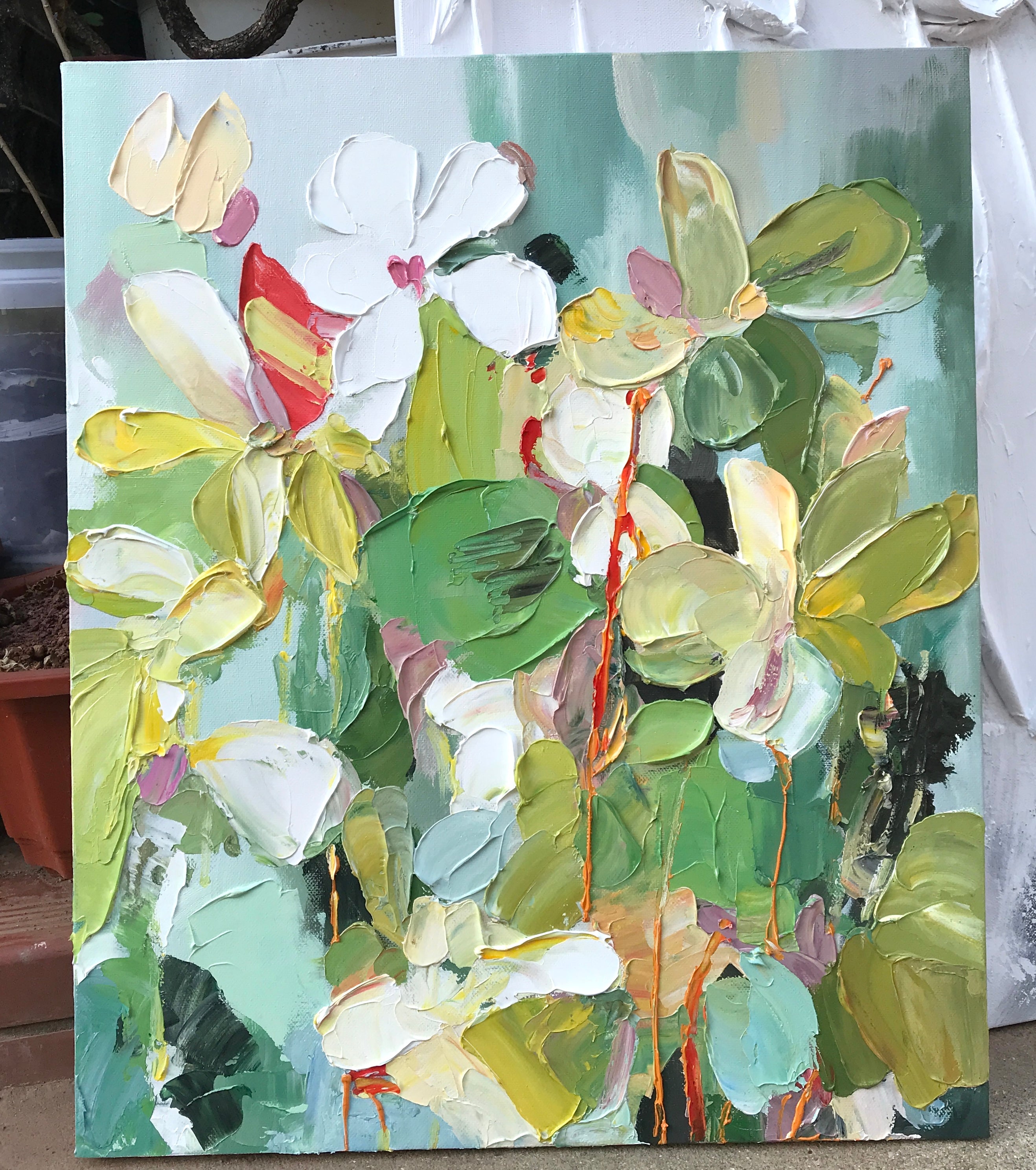"Creamy Petals" – Sage Green Impasto Floral Oil Painting | Modern Minimalist Textured Bedroom Wall Art#FL312