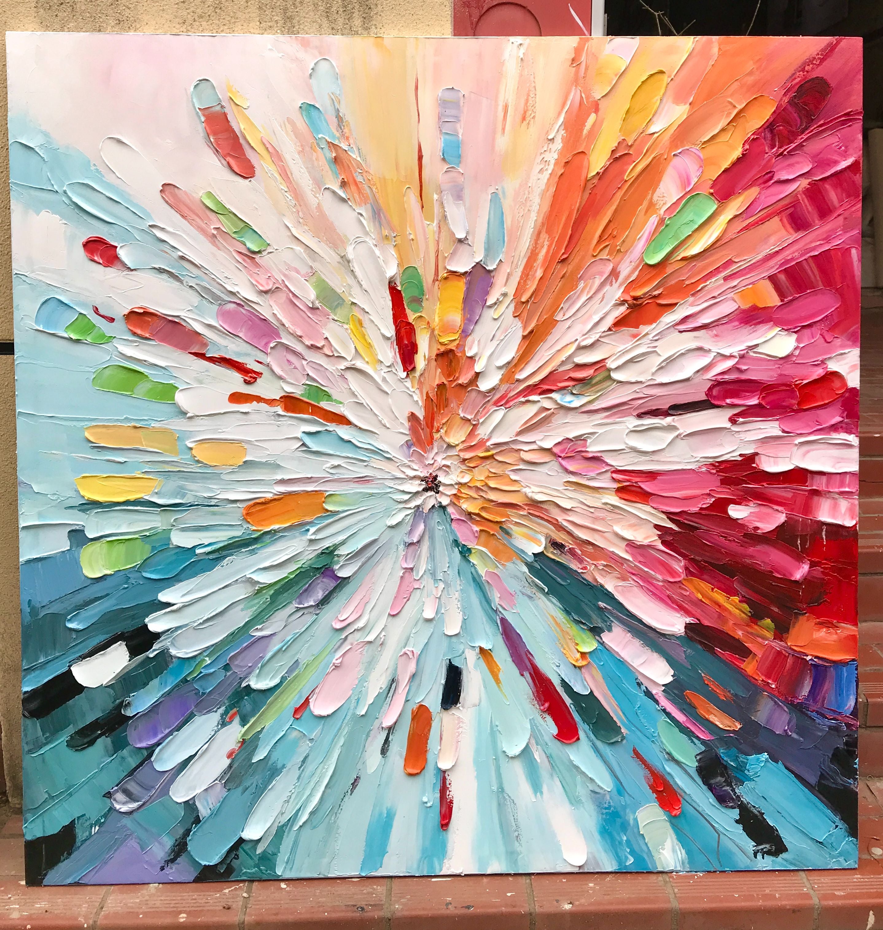 "Chromatic Burst" – Radiant Impasto Abstract Explosion Oil Painting | Modern Dynamic Statement Wall Art #PT529