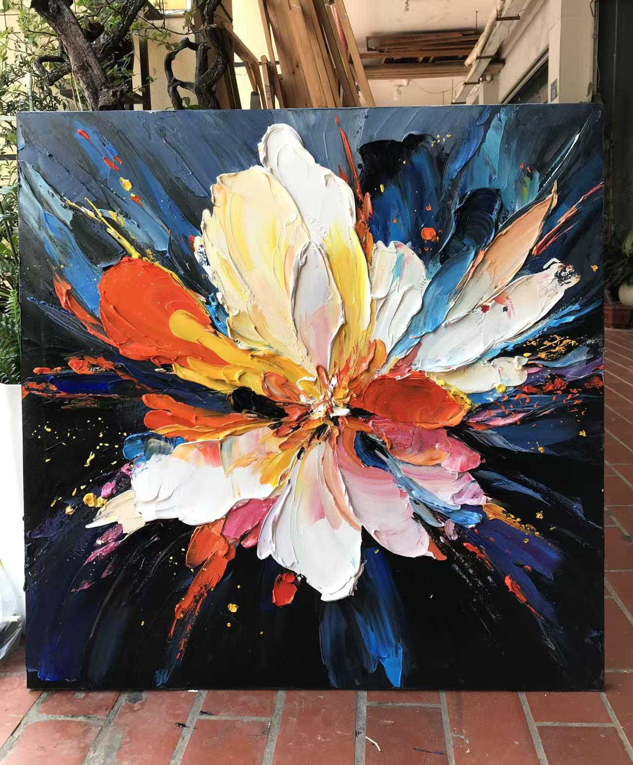 "Supernova Bloom" – Radiant Heavy Impasto Abstract Floral Oil Painting | Bold Dynamic 3D Texture Wall Art #FL292