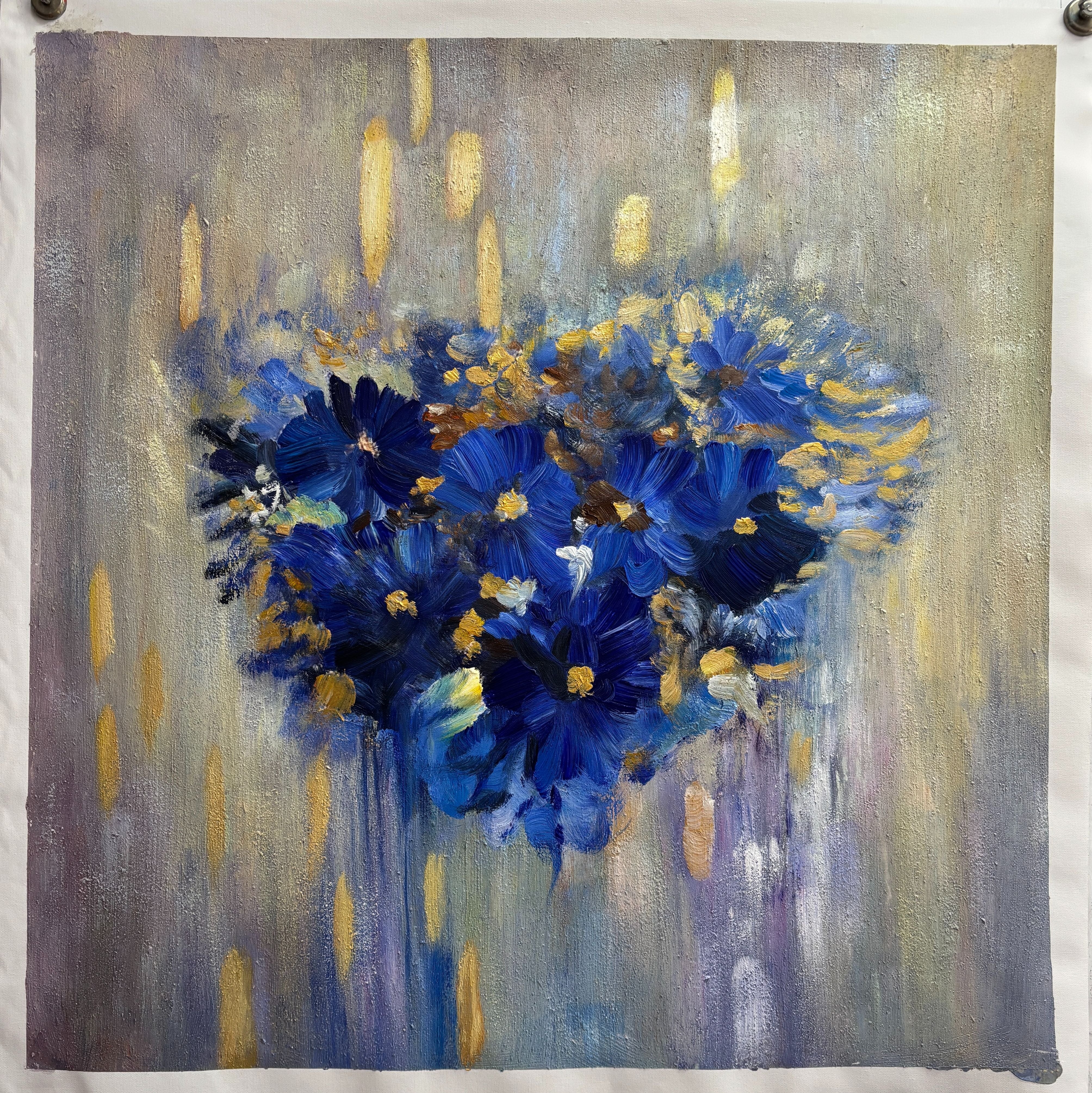 "Azure Soul" – Klein Blue Heart Floral Gold Foil Oil Painting | Modern Romantic Abstract Bedroom Wall Art#WS 224