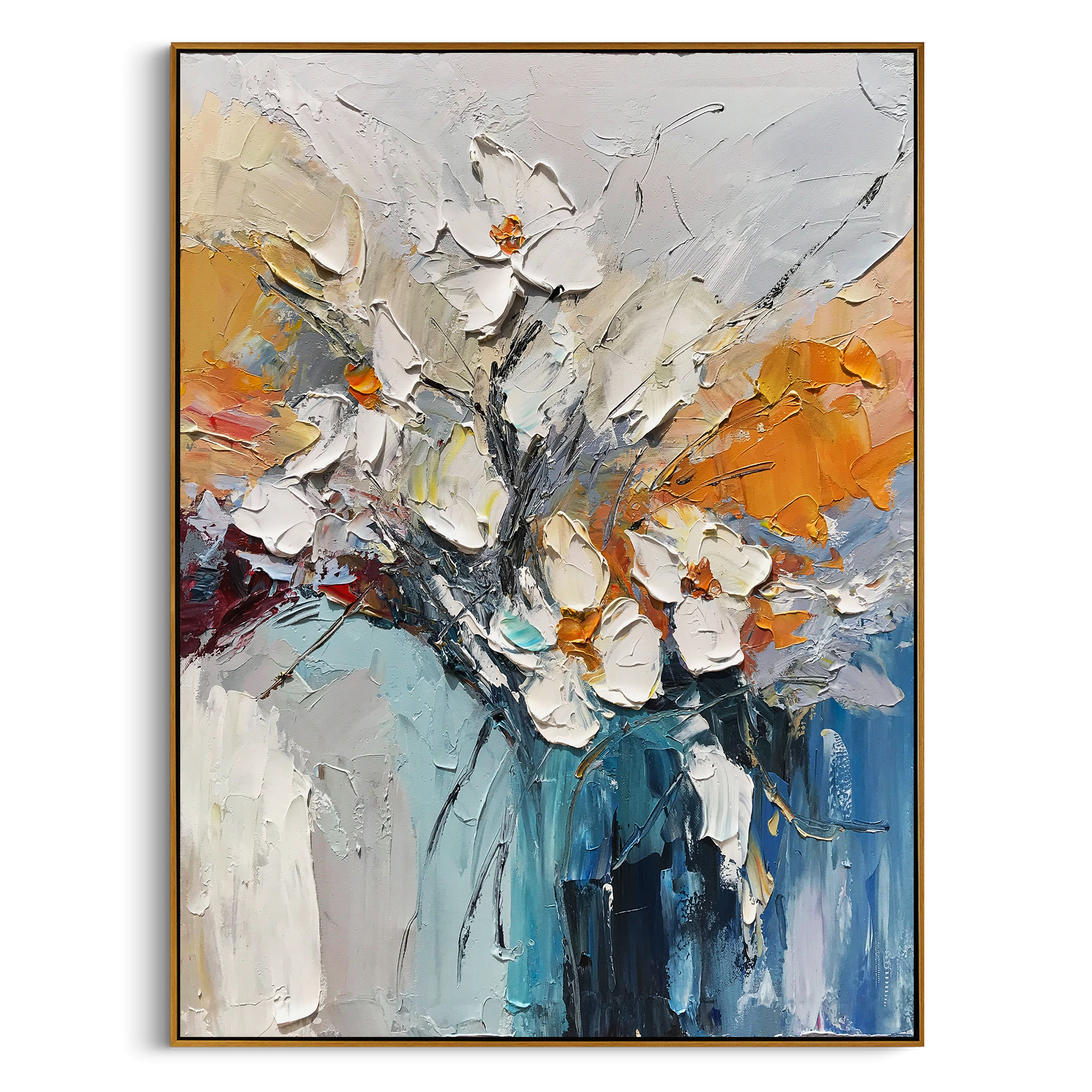 "Azure Petal Cascade" - Textured Floral Art | 3D Blue & Gold Textured Canvas Painting | Luxury Vertical Wall Art #AB 957