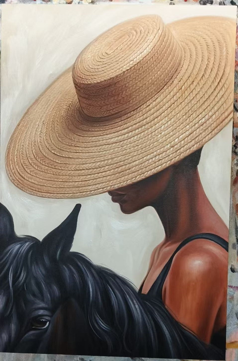 "Straw Hat & Steed" – Modern Heavy Impasto Figurative Art | 3D Natural Woven & Noir Palette Knife Painting | Luxury Vertical Wall Art #PE 516