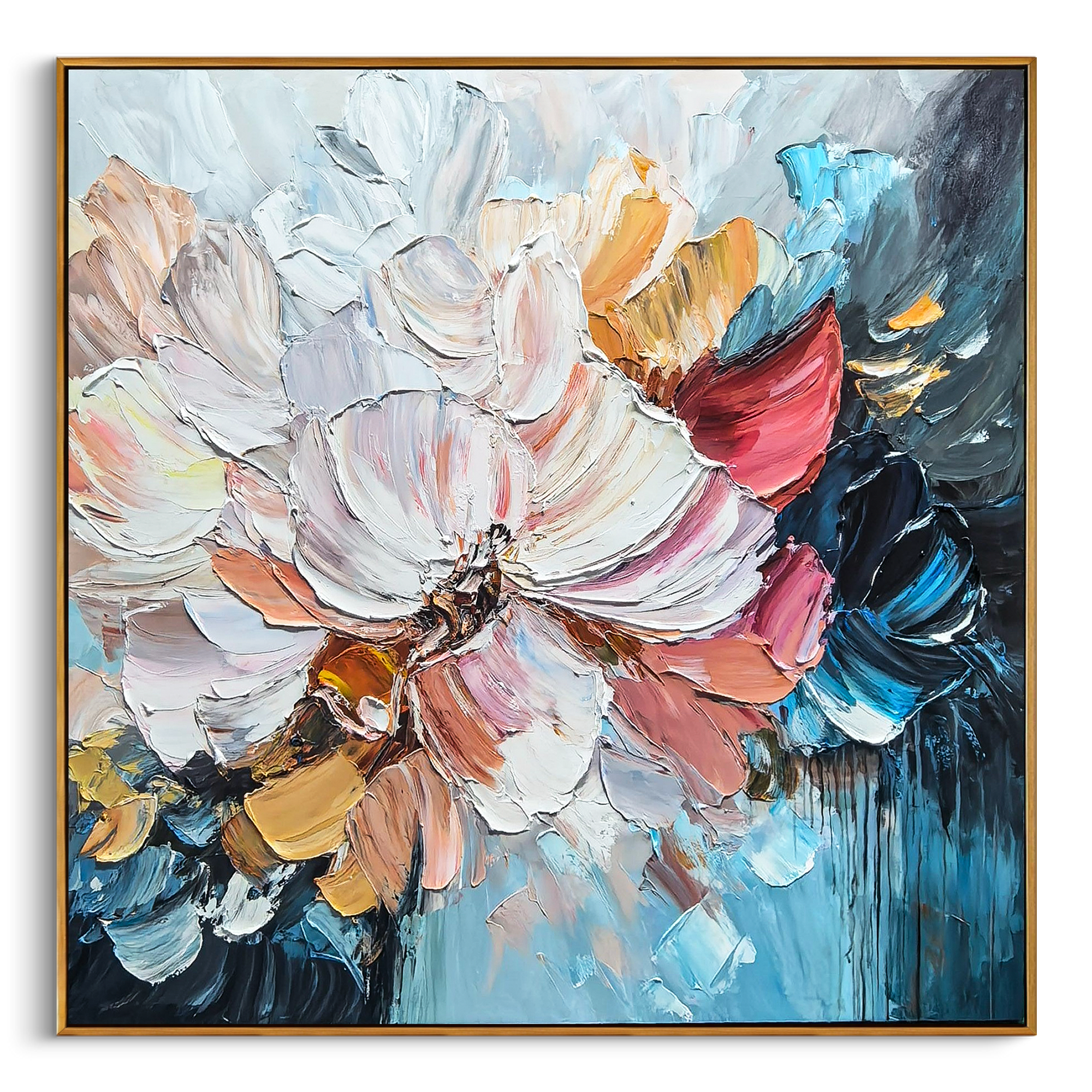 "Azure Floral Current" - Textured Floral Art | 3D Blue & Pink Impasto Canvas Painting | Luxury Square Wall Art #PT 532