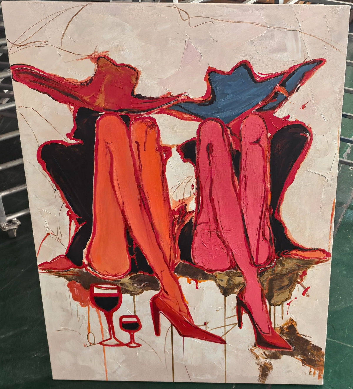 "Cowgirls’ Wine Hour" – Modern Heavy Impasto Abstract Figurative Art | 3D Crimson & Indigo Palette Knife Painting | Luxury Vertical Wall Art #PE 520
