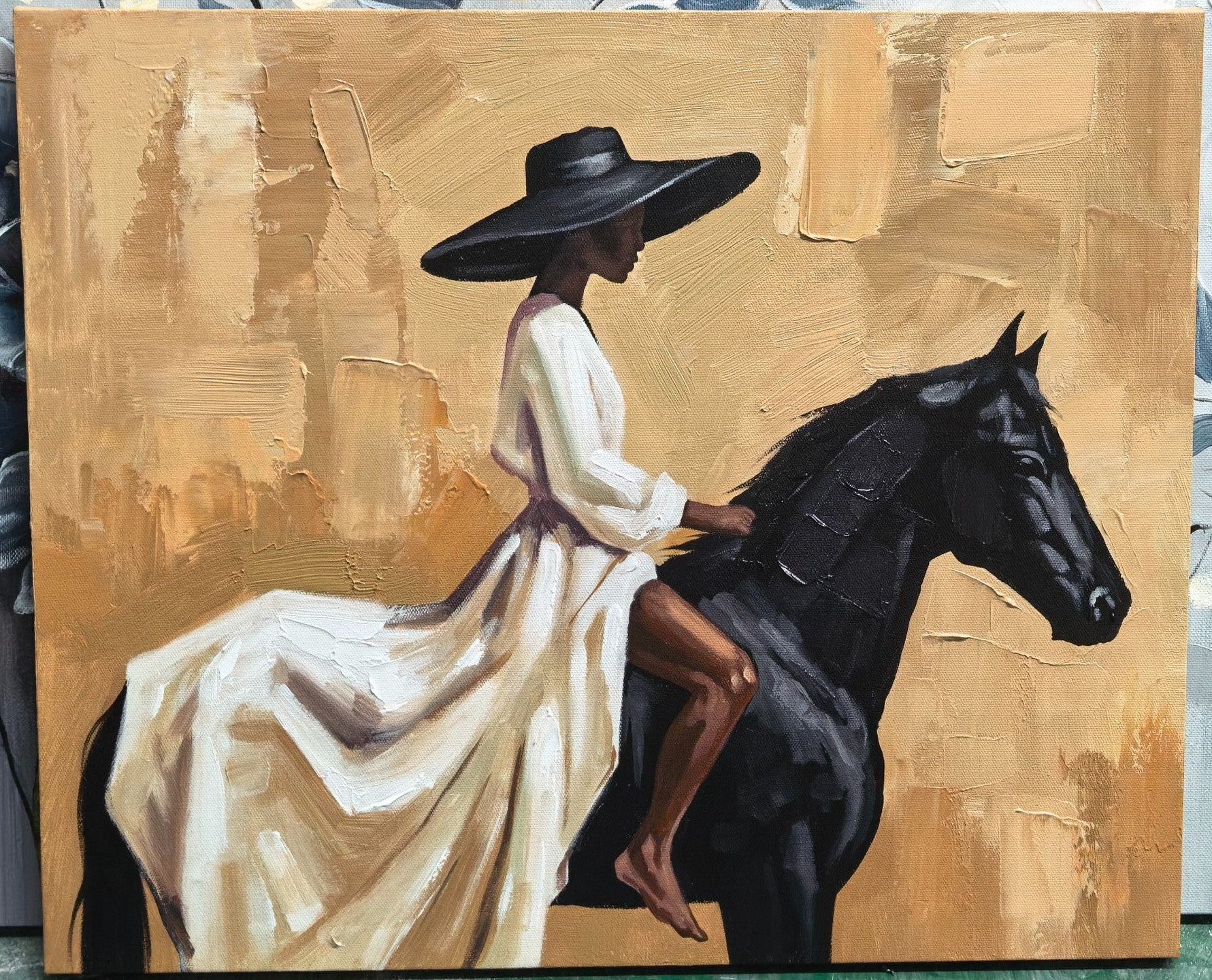 "Elegant Noir Equestrienne" – Modern Heavy Impasto Contemporary Figurative | 3D Warm Sand & Jet Black Palette Knife Painting | Luxury Horizontal Wall Art #PT 562