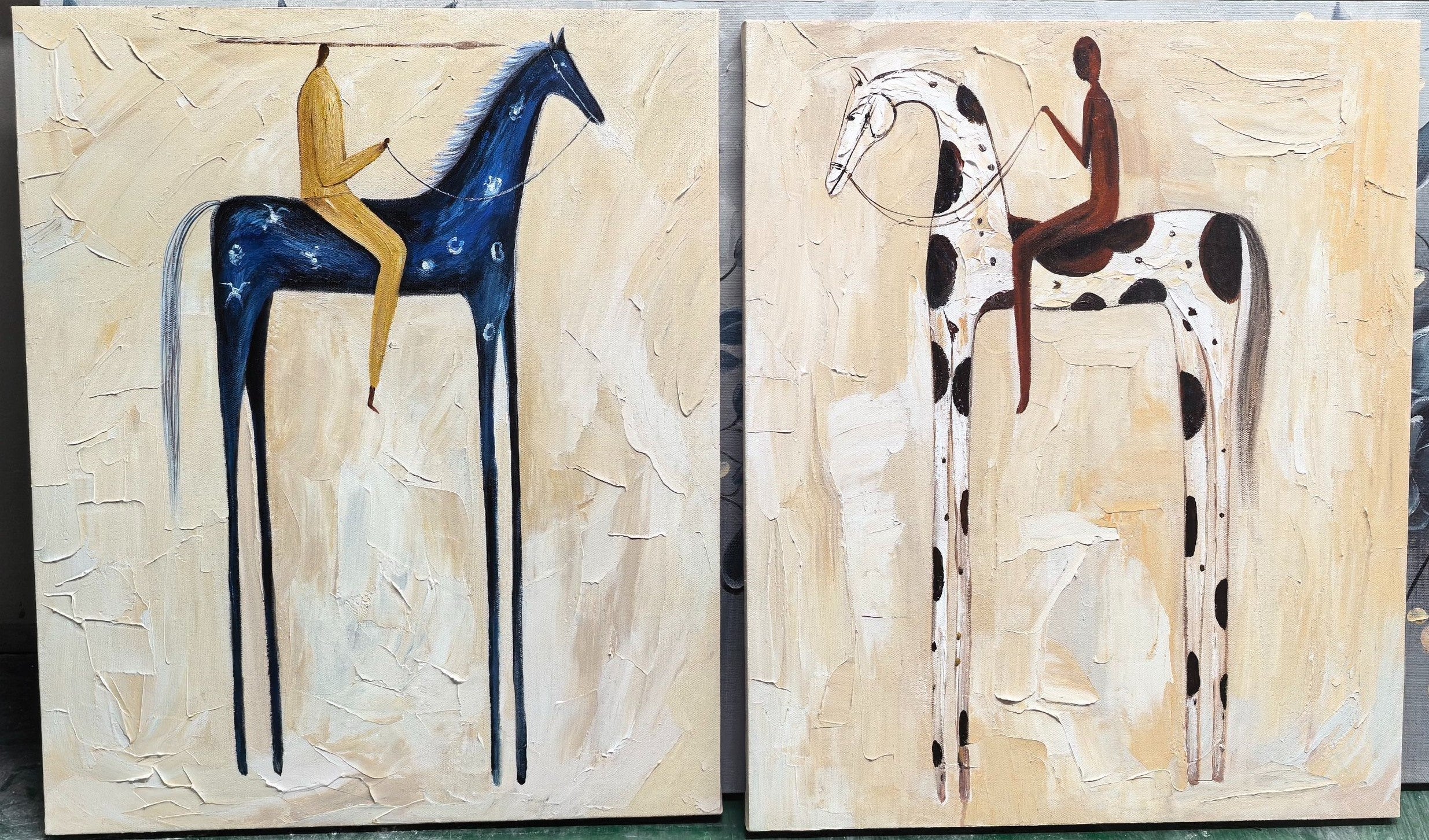 "Dual Stylized Equine Journey" – Modern Heavy Impasto Primitive Figurative | 3D Navy Blue & Warm Taupe Palette Knife Painting | Luxury Two-Panel Vertical Wall Art Set #AB 520