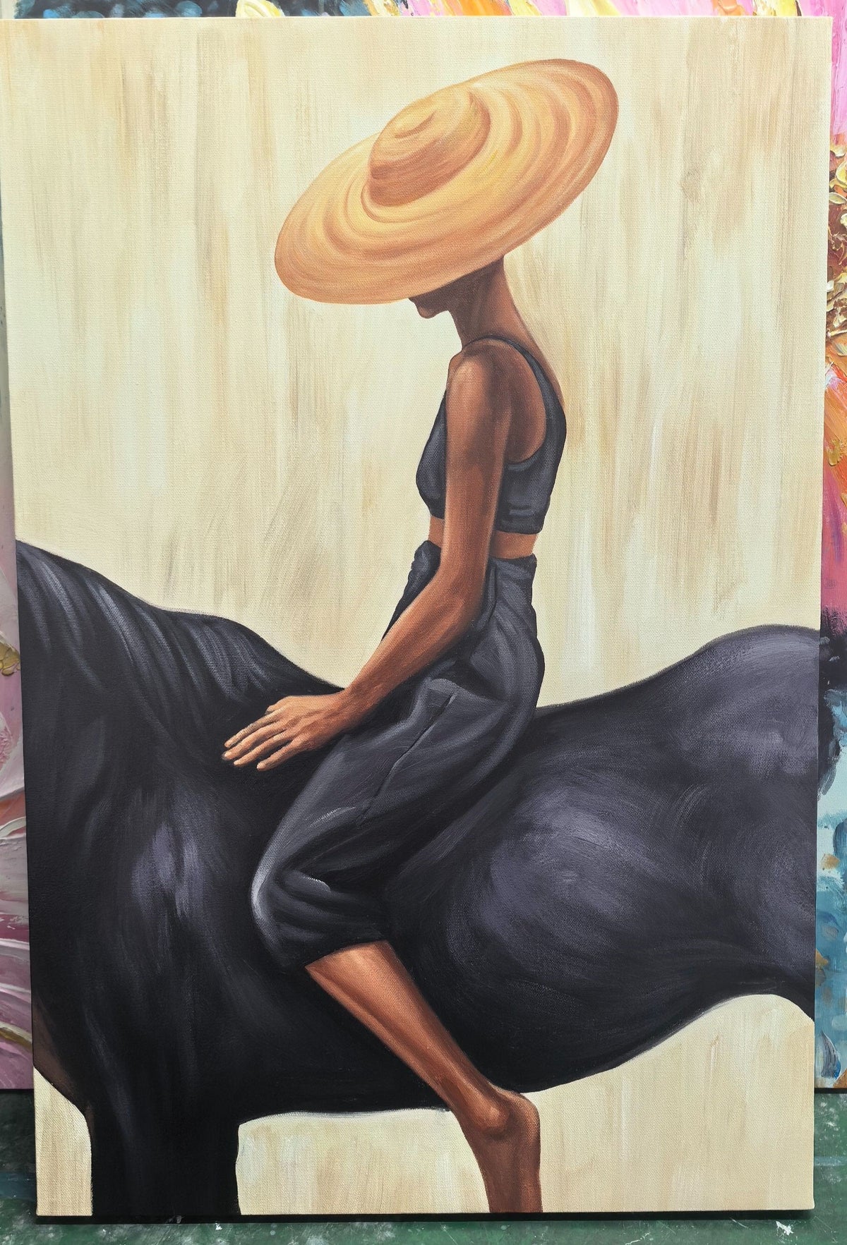"Straw Hat & Midnight Horse" – Stylized Impasto Portrait | Neutral Tones Textured Wall Decor | Contemporary Vertical Statement Piece #PT 555