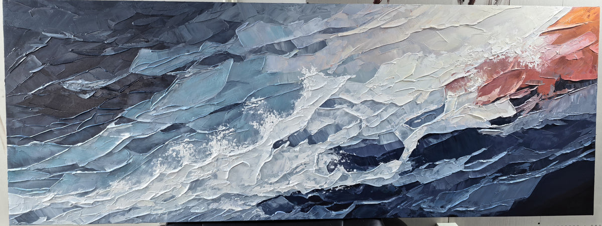 "Azure Ocean Passage" is a 100% hand-painted seascape created with professional oil and acrylic paints on high-quality canvas. Its blue & red palette and visible textured strokes give every piece authentic handmade variation and tactile depth.