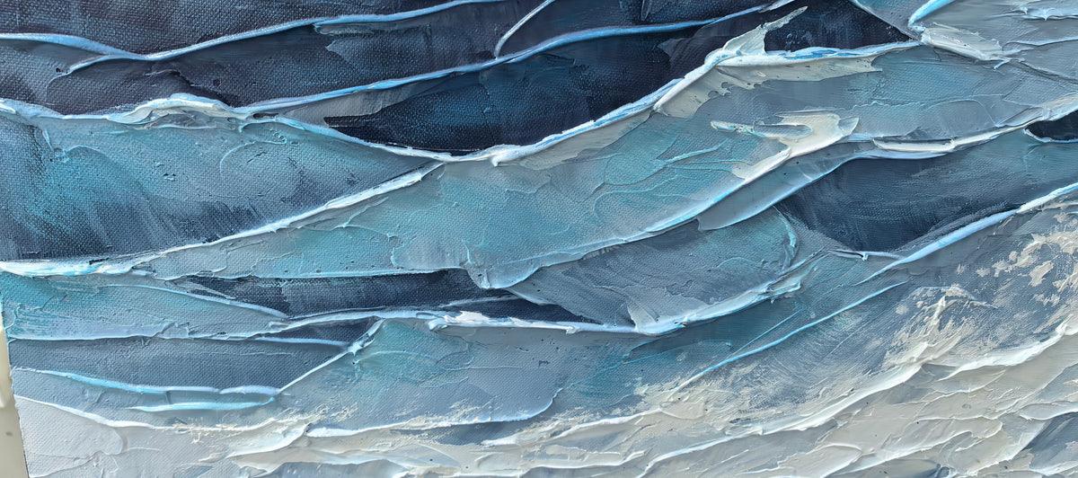 "Azure Ocean Passage" is a 100% hand-painted seascape created with professional oil and acrylic paints on high-quality canvas. Its blue & red palette and visible textured strokes give every piece authentic handmade variation and tactile depth.