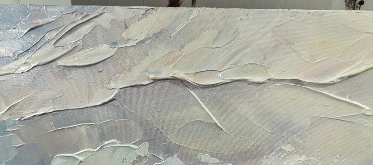 "Azure Ocean Passage" is a 100% hand-painted seascape created with professional oil and acrylic paints on high-quality canvas. Its blue & red palette and visible textured strokes give every piece authentic handmade variation and tactile depth.